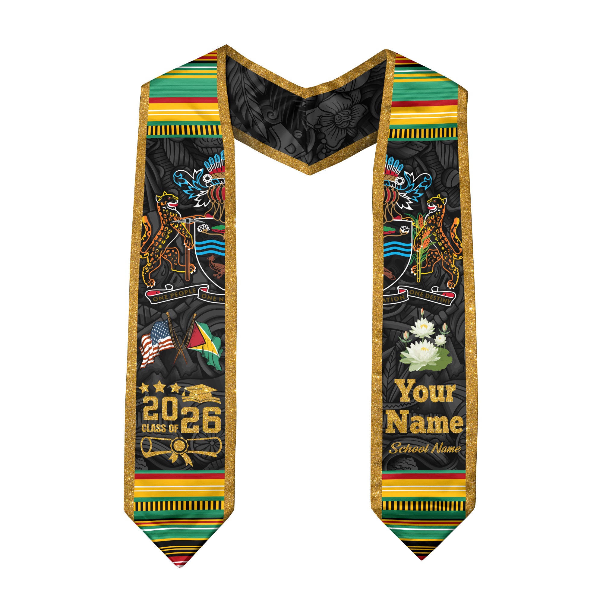 Guyanese Flag Graduation Sash 2026, Guyana Graduation Stole, Custom Graduation Stole