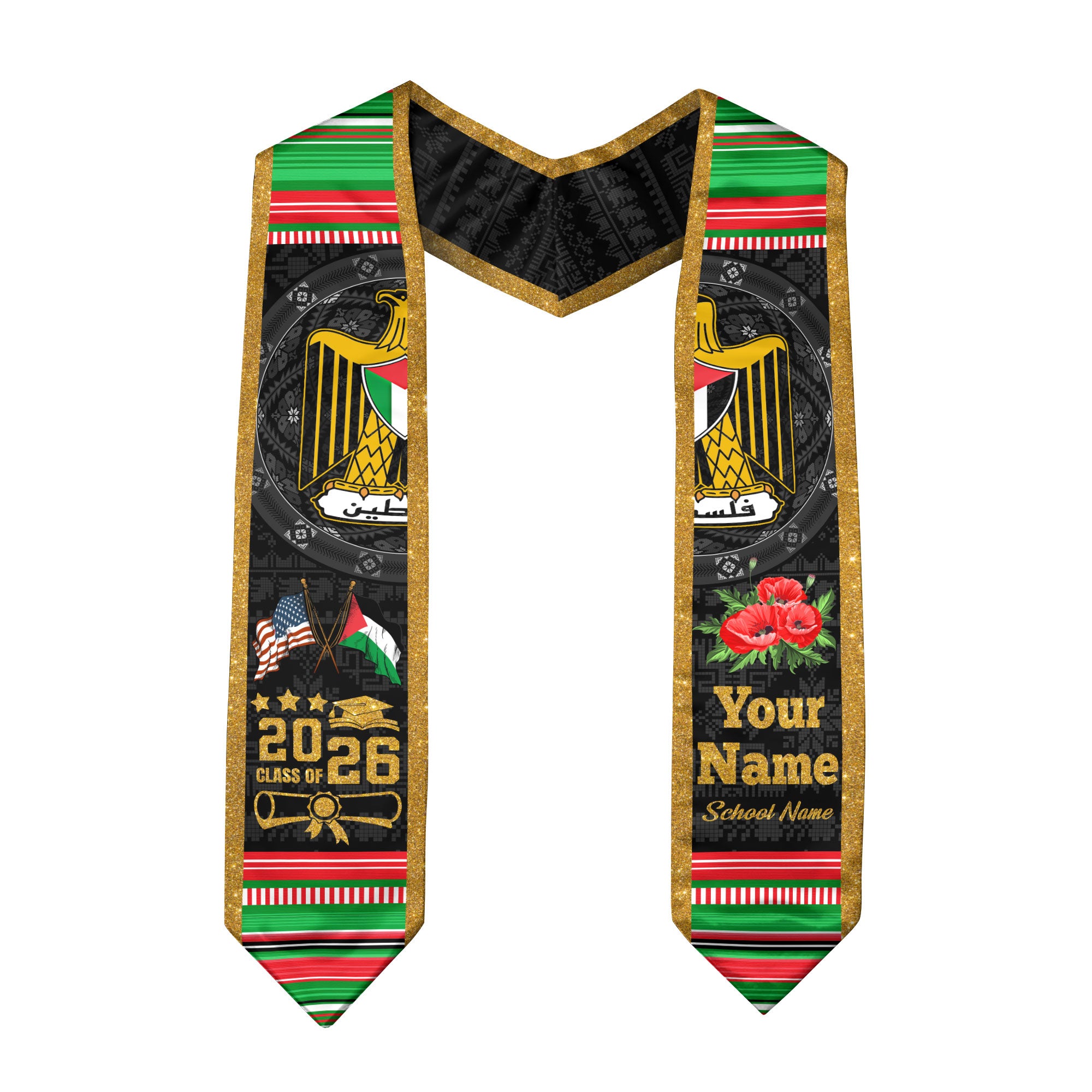 Palestinian Flag Graduation Sash 2026, Palestine Graduation Stole, Customizable Detail Sash