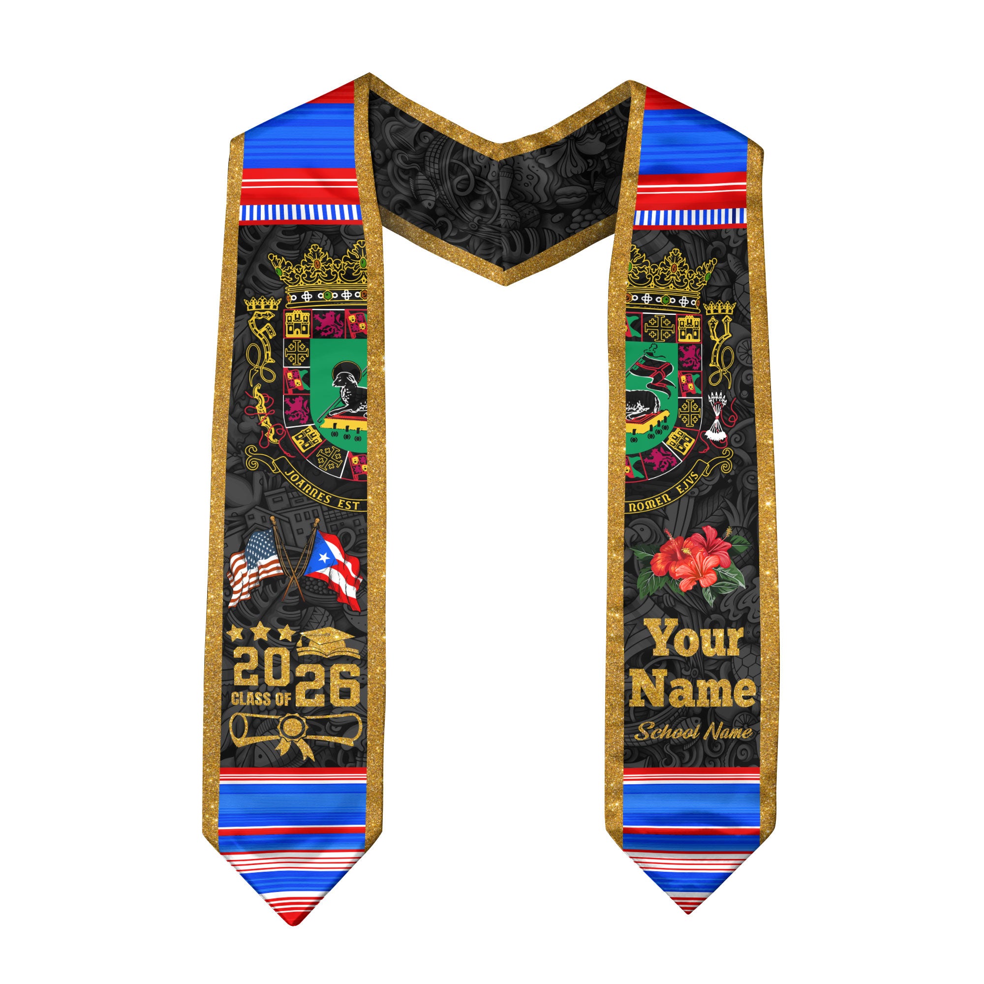 Puerto Rican Flag Graduation Sash 2026, Puerto Rico Stole, Customizable Detail Sash