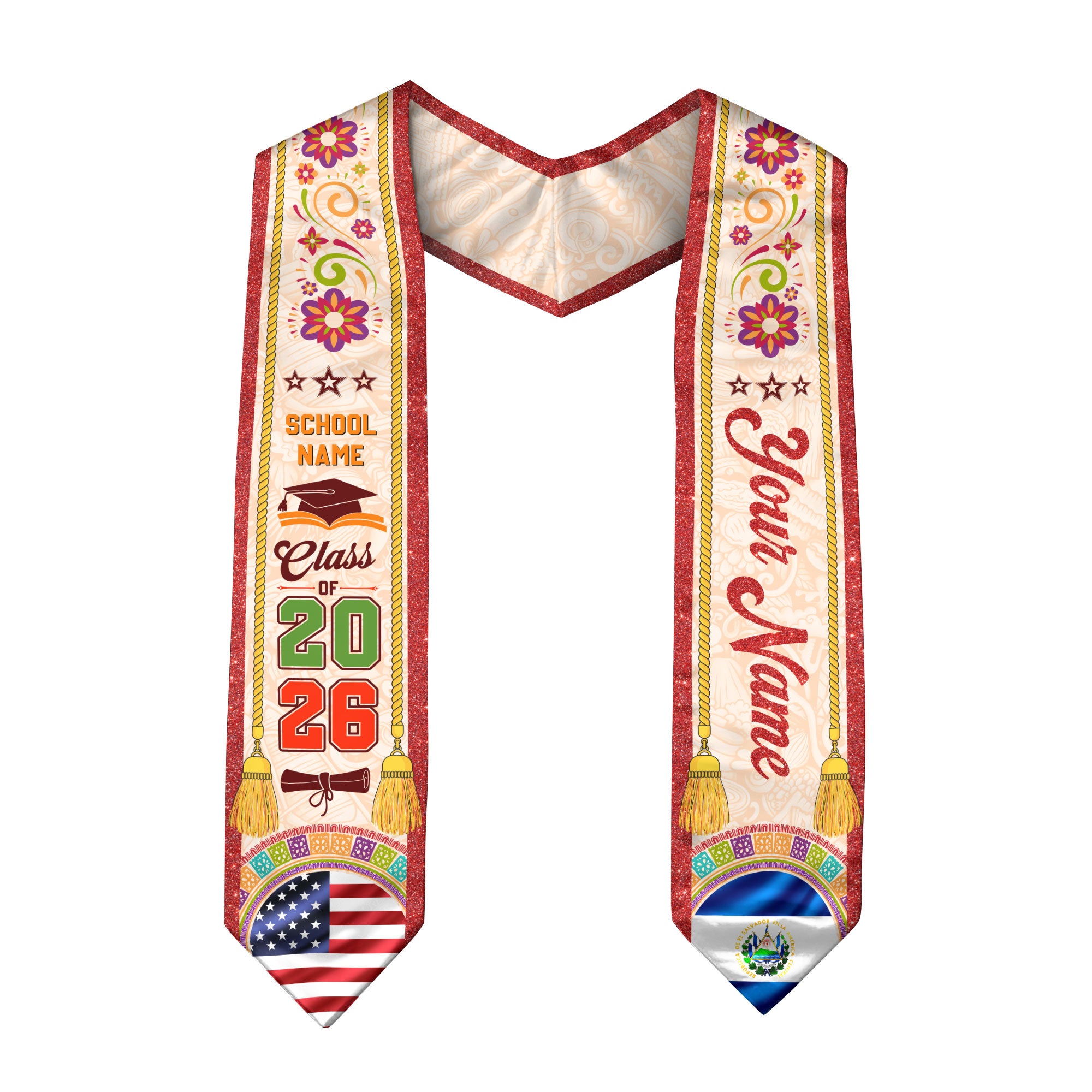 El Salvador Flag Graduation Stole 2026, Salvadoran Graduation Sash, Senior Grad Stole