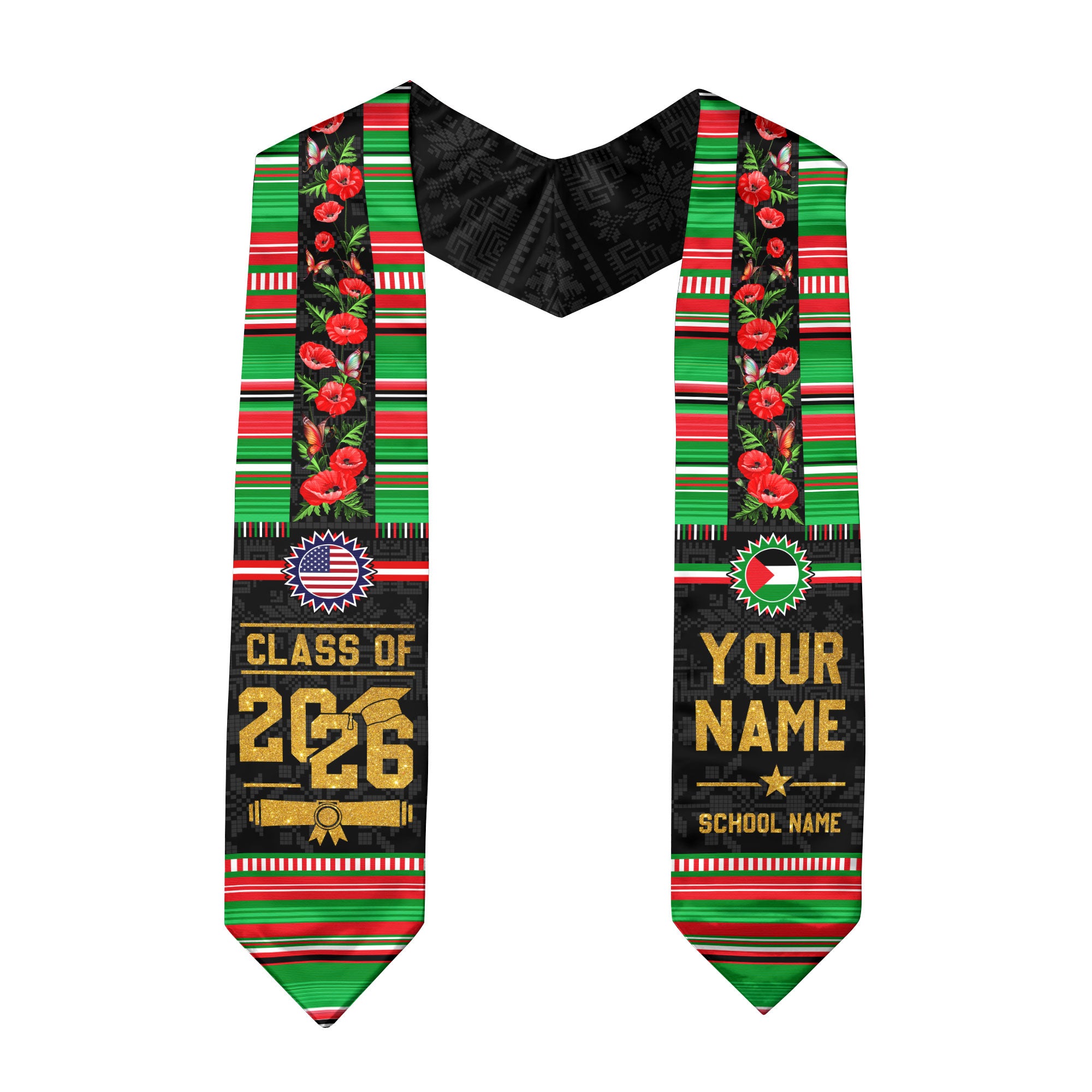 Palestine Flag Graduation Stole 2026, Palestinian Graduation Sash, Personalized Finish