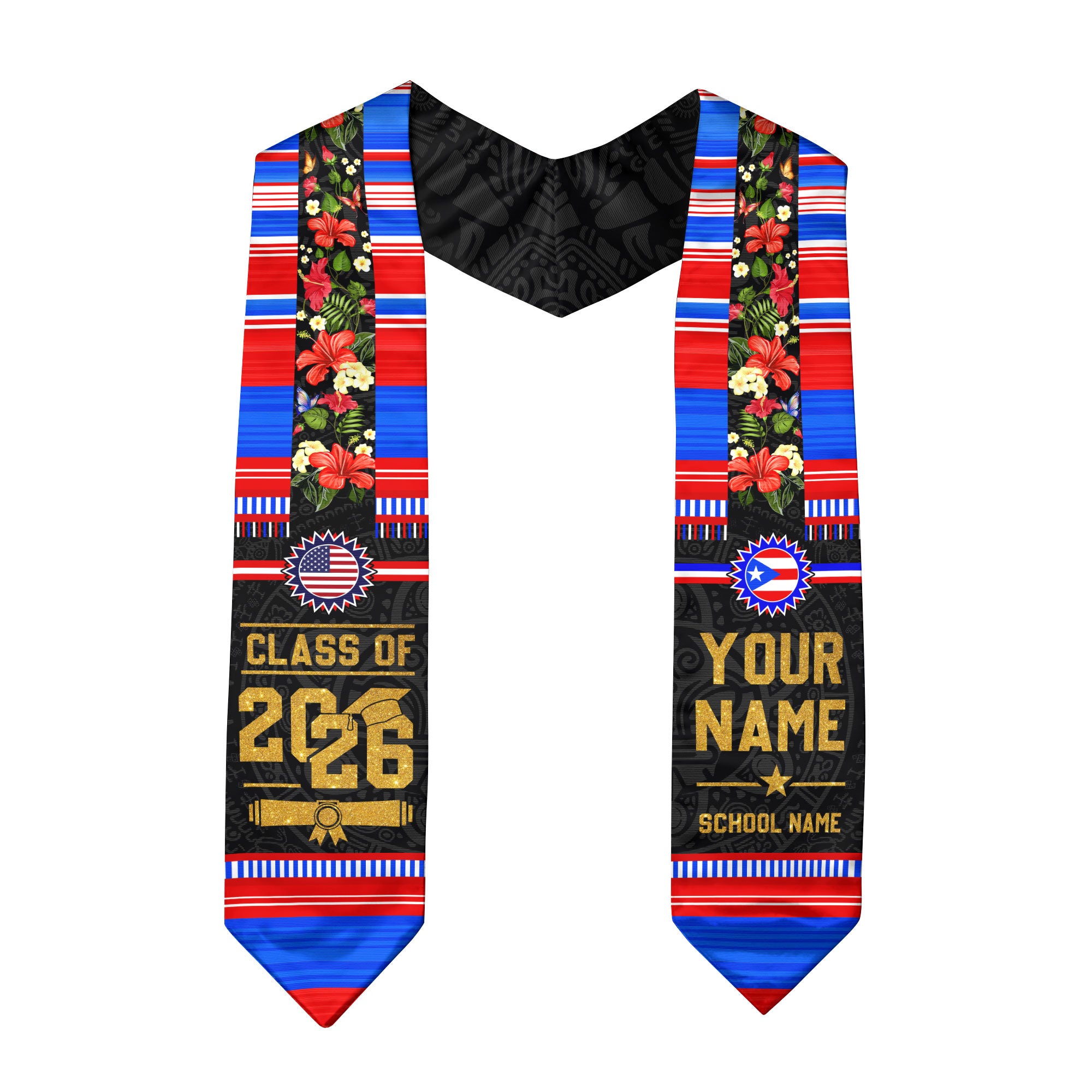 Puerto Rico Flag Graduation Stole 2026, Puerto Rican Graduation Sash, Personalized Finish