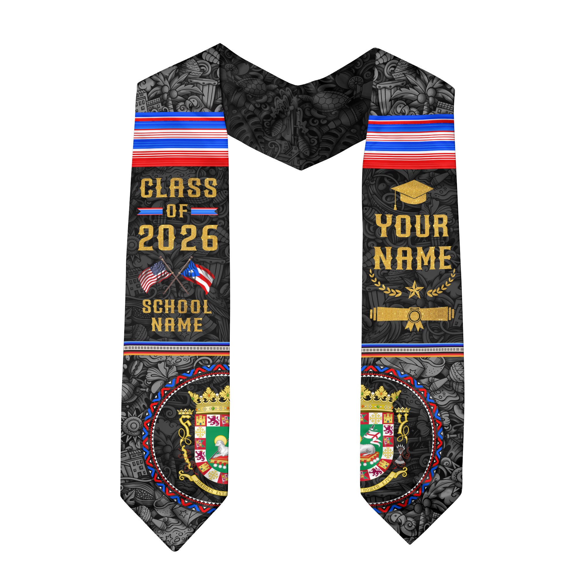 Puerto Rican Graduation Stole 2026, Puerto Rico Flag Sash, Graduation Stole with Custom Details