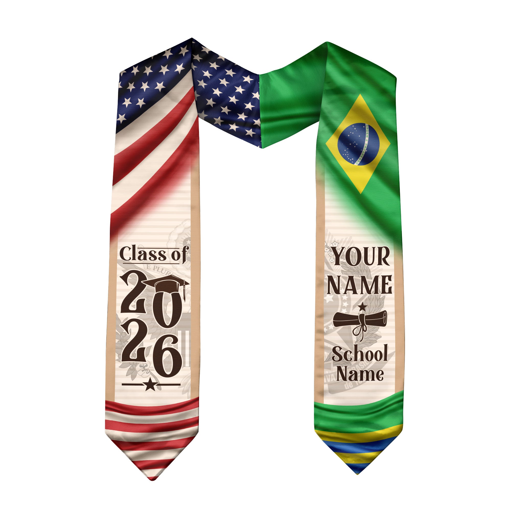 Brazil Graduation Sash 2026, Brazilian Flag Graduation Stole, Custom Brazil Grad Stole