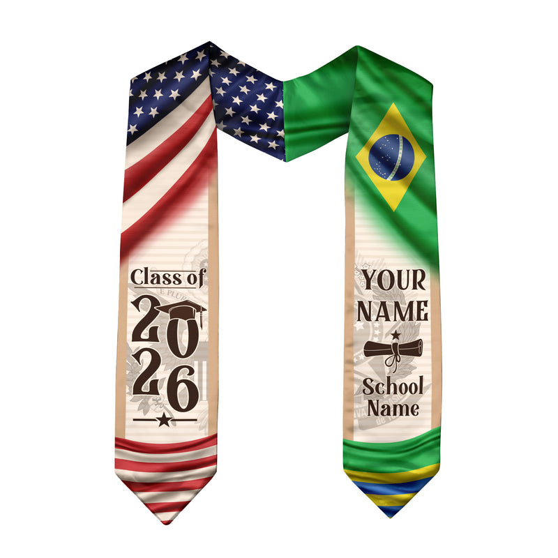 Brazil Graduation Sash 2026, Brazilian Flag Graduation Stole, Custom Brazil Grad Stole