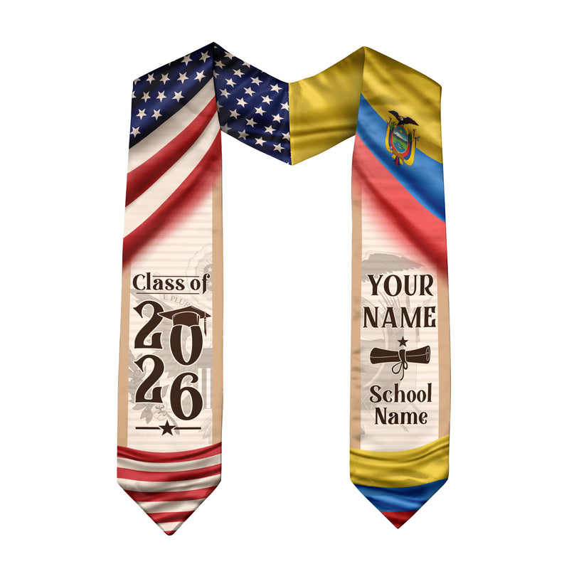 Ecuador Graduation Sash 2026, Ecuadorian Flag Graduation Stole, Custom Ecuador Grad Stole
