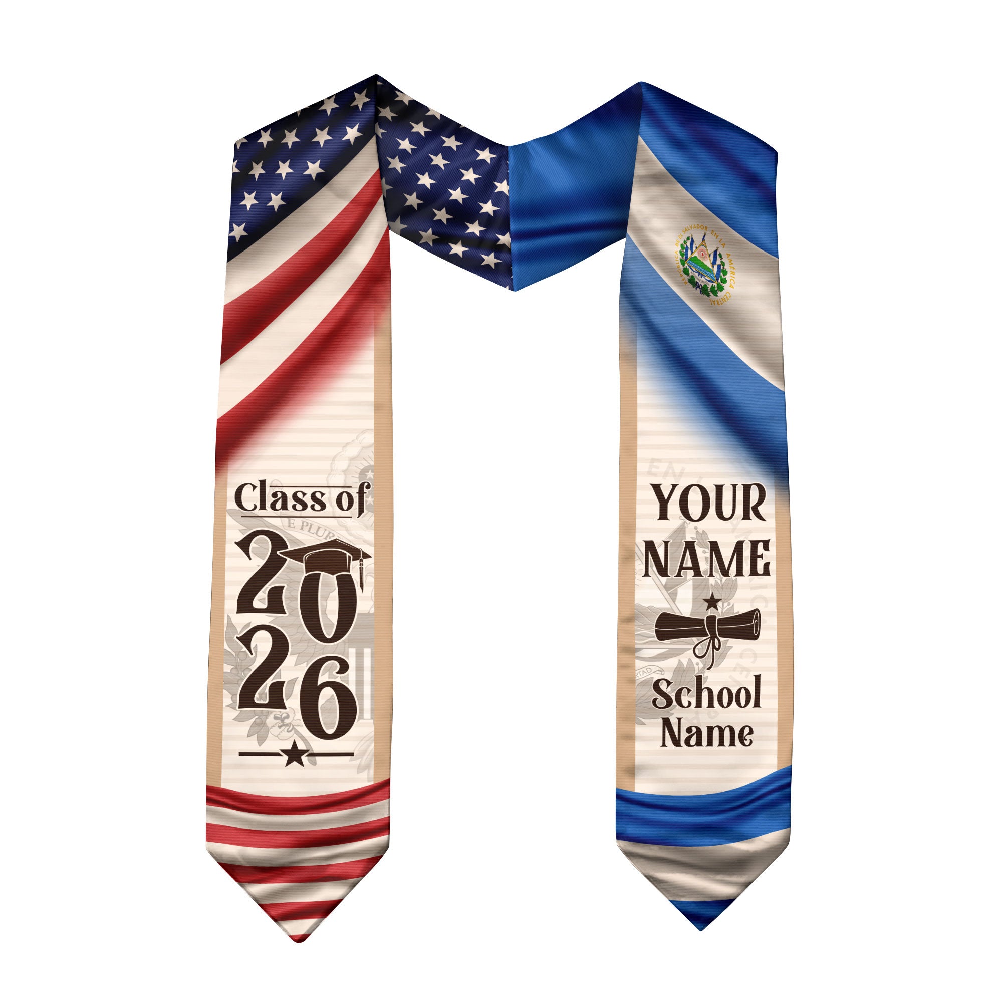 Salvadoran Graduation Stole 2026, El Salvador Flag Sash for Graduation, Grad Accessory