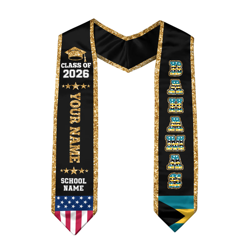 Bahamas Graduation Stole 2026, Bahamas Flag Sash, Personal Detail Option for Graduates