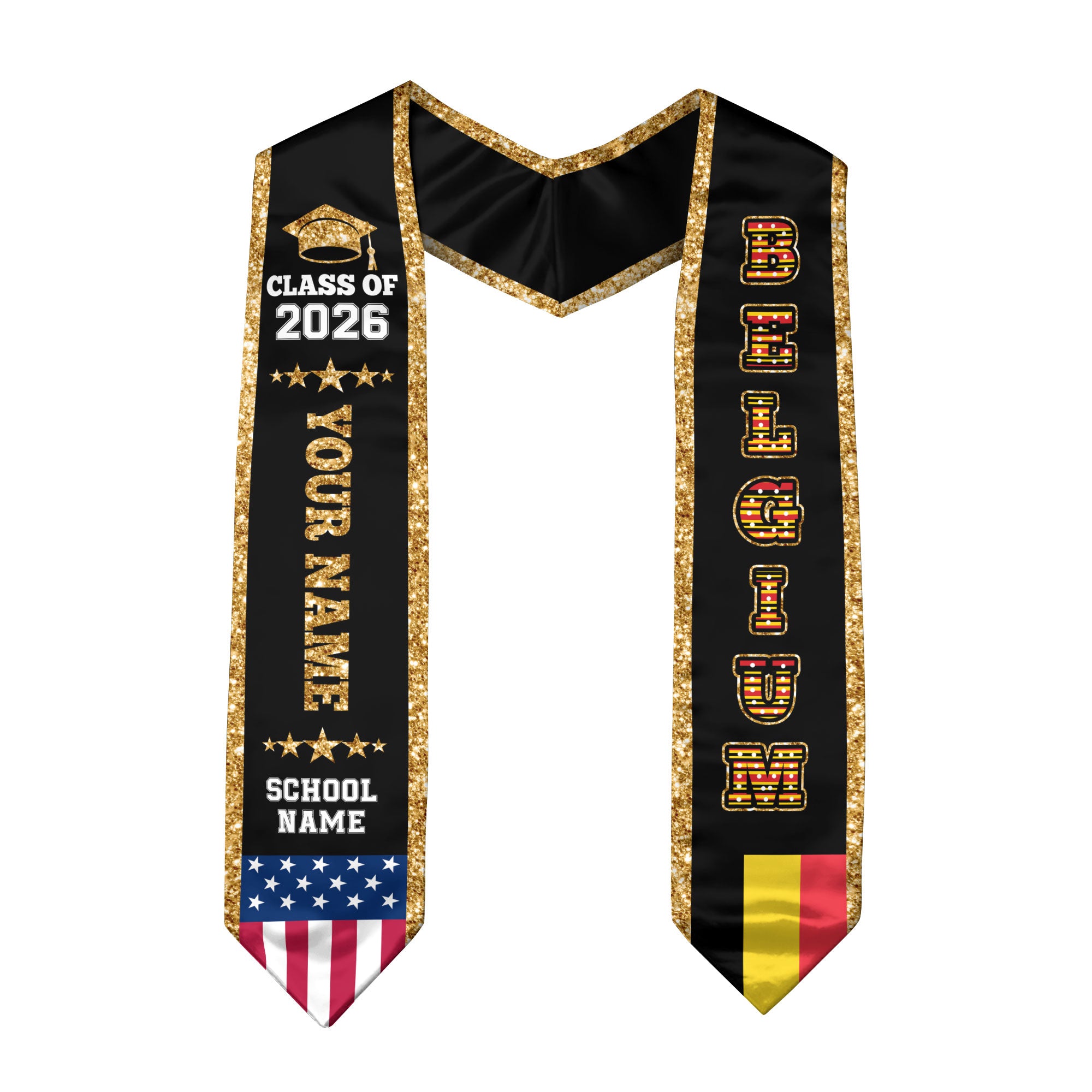 Belgium Graduation Stole 2026, Belgium Flag Sash, Personal Detail Option for Graduates