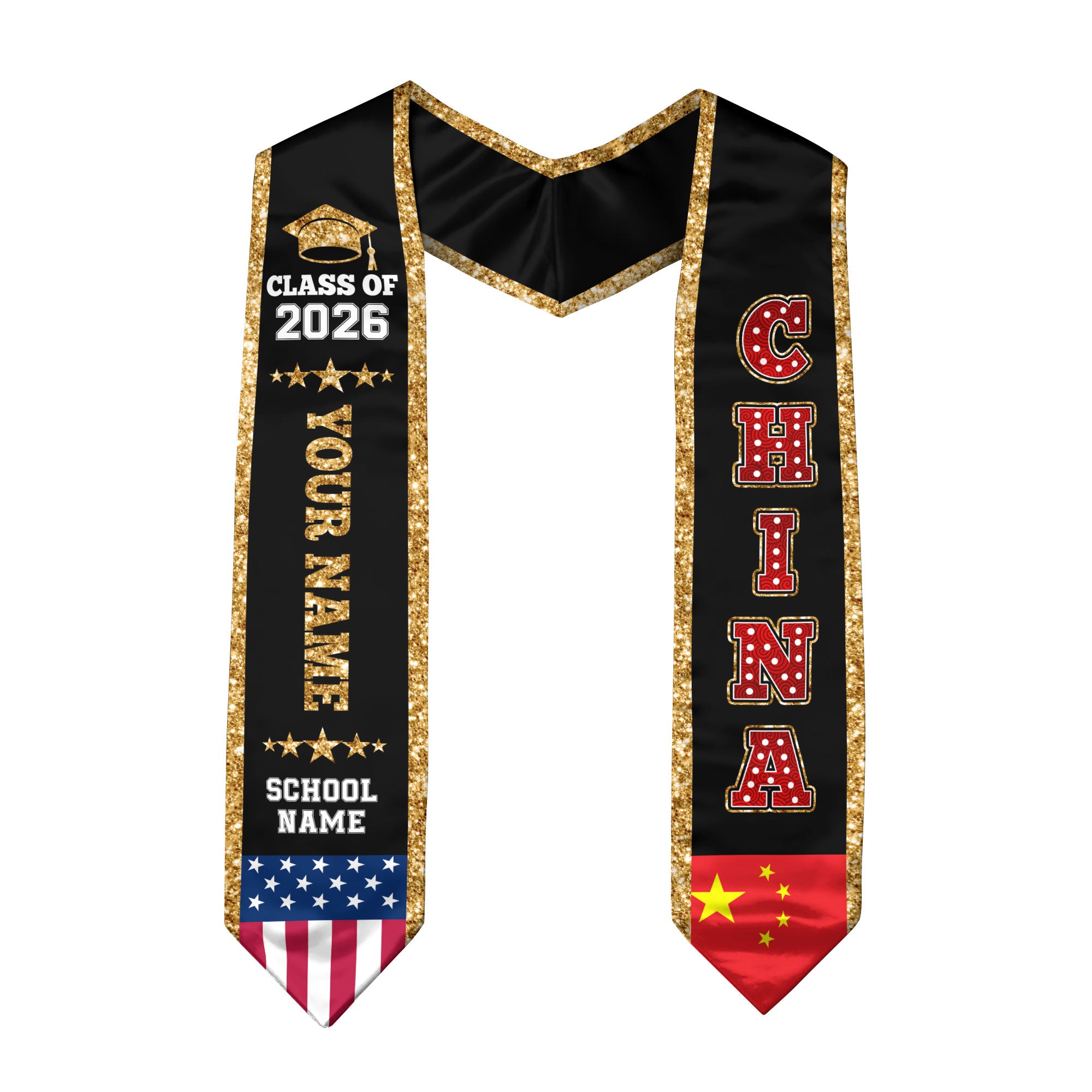 China Graduation Stole 2026, China Flag Sash, Personal Detail Option for Graduates