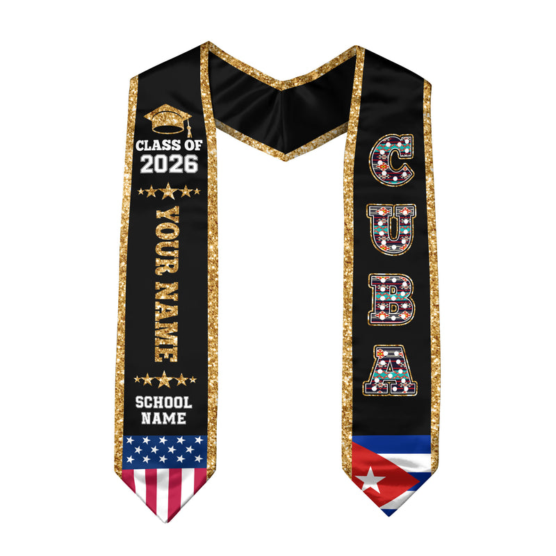 2026 Cuba Flag Graduation Stole, Cuba Sash, Personal Detail Option for Grads Ceremony