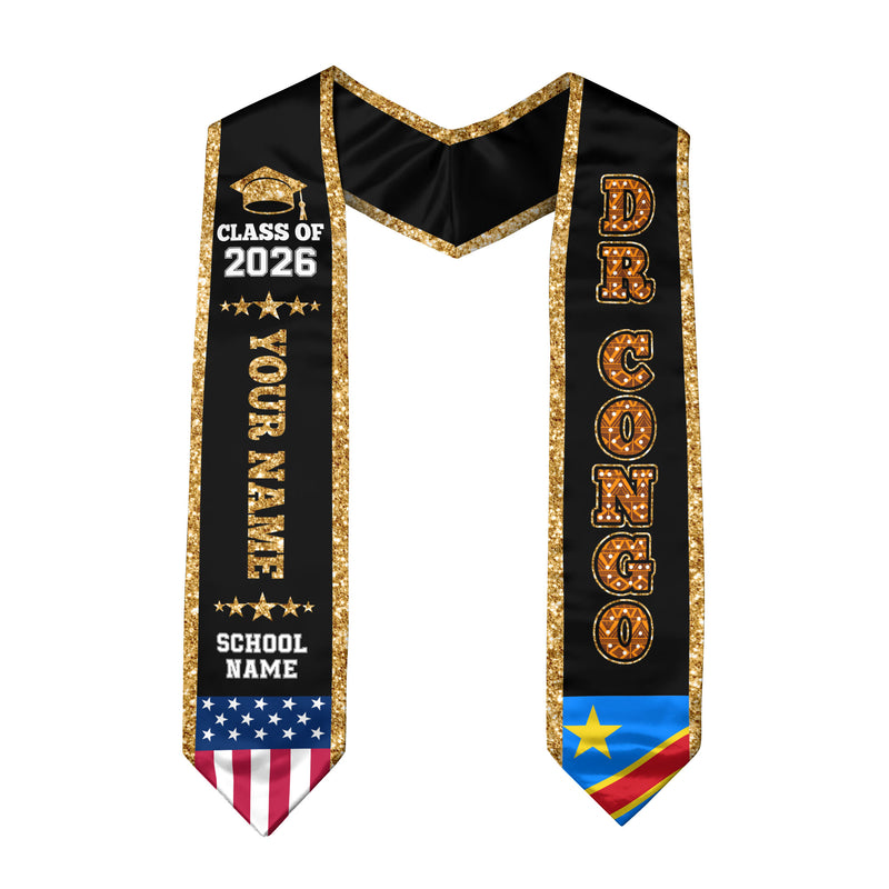 DRCongo Graduation Stole 2026, DRCongo Flag Sash, Personal Detail Option for Graduates