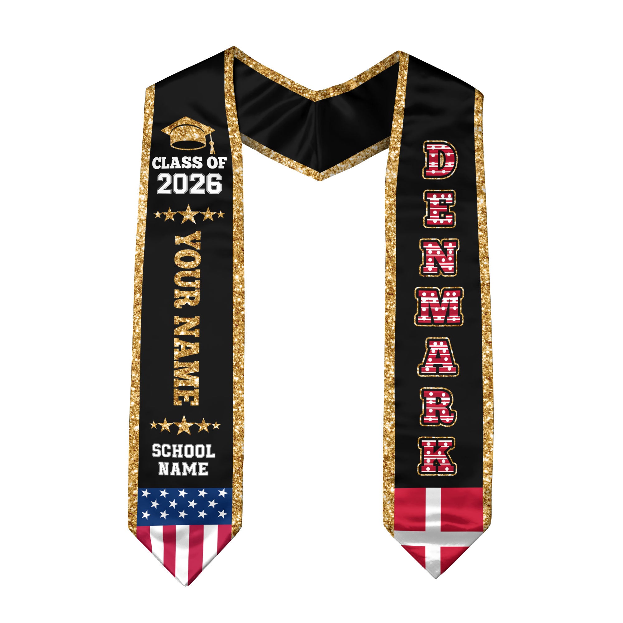 Denmark Graduation Stole 2026, Denmark Flag Sash, Personal Detail Option for Graduates