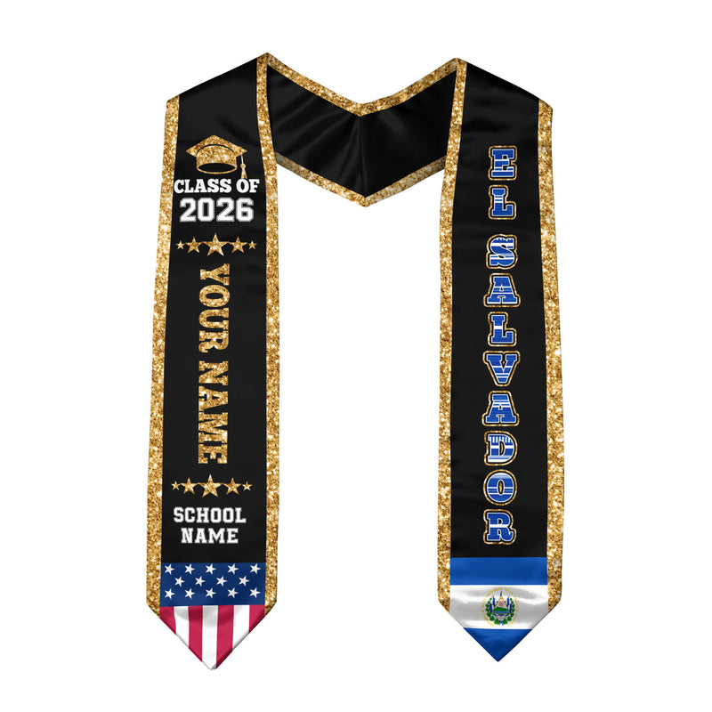 2026 ElSalvador Flag Graduation Stole, ElSalvador Sash, Personal Detail Option for Grads