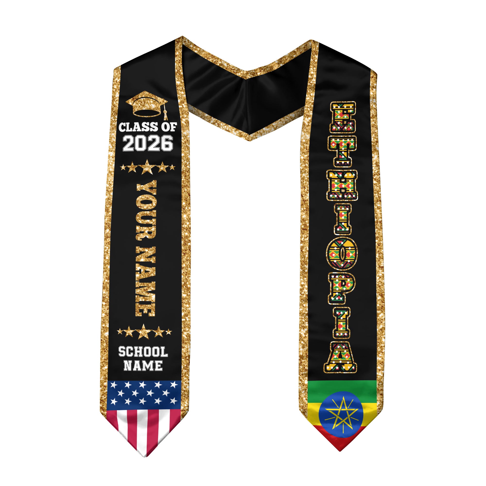 Ethiopia Graduation Stole 2026, Ethiopia Flag Sash, Personal Detail Option for Graduates