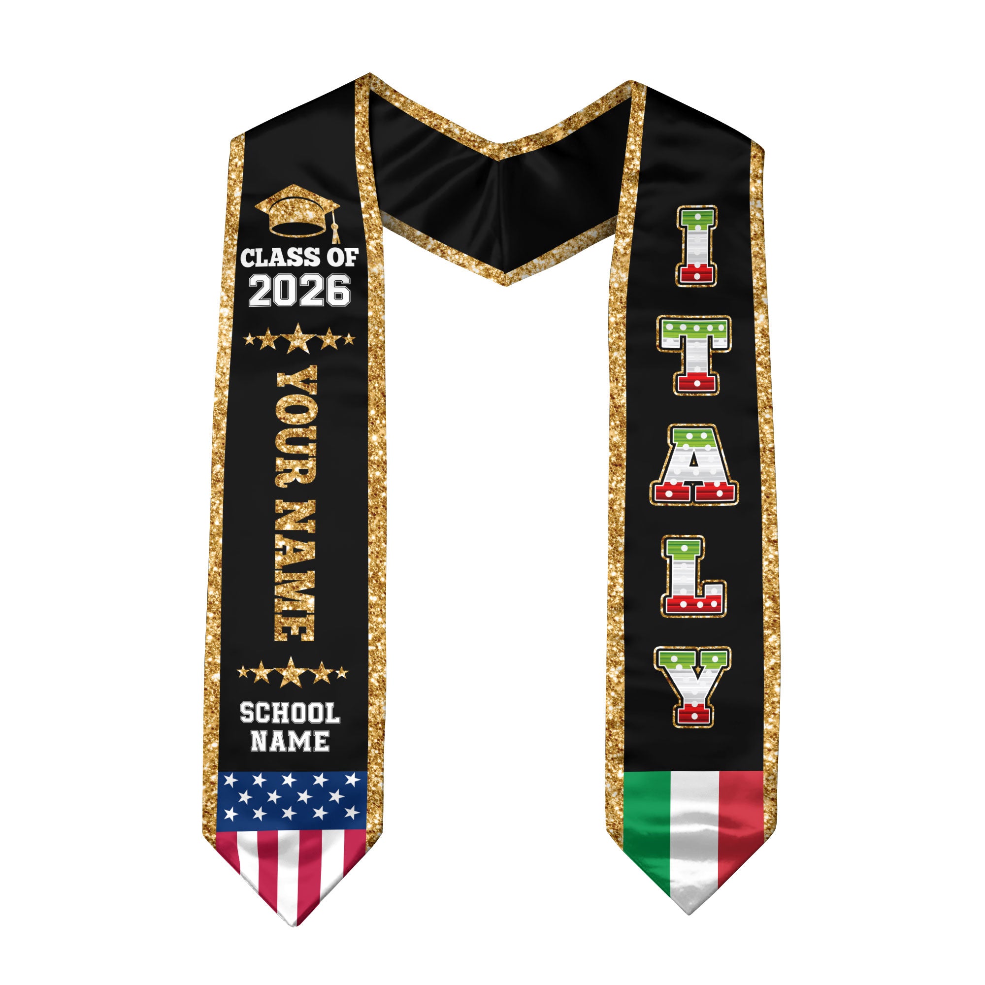 Italy Graduation Stole 2026, Italy Flag Sash, Personal Detail Option for Graduates