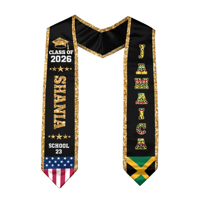 Jamaica Graduation Stole 2026, Jamaica Flag Sash, Personal Detail Option for Graduates