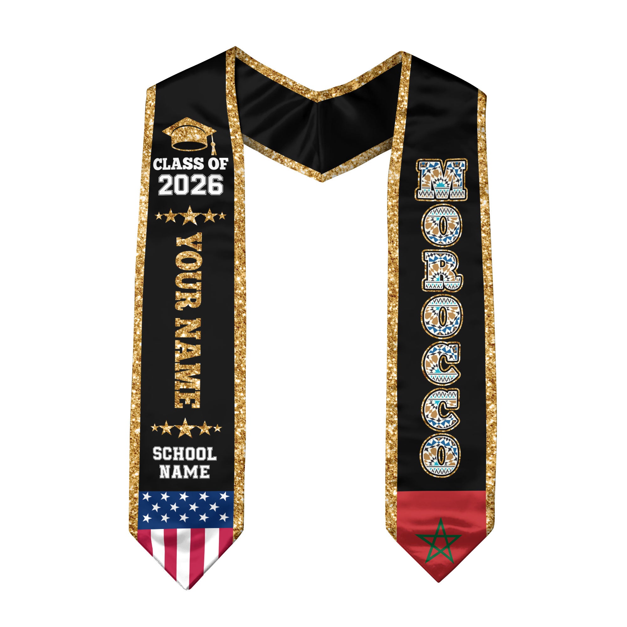 Morocco Graduation Stole 2026, Morocco Flag Sash, Personal Detail Option for Graduates