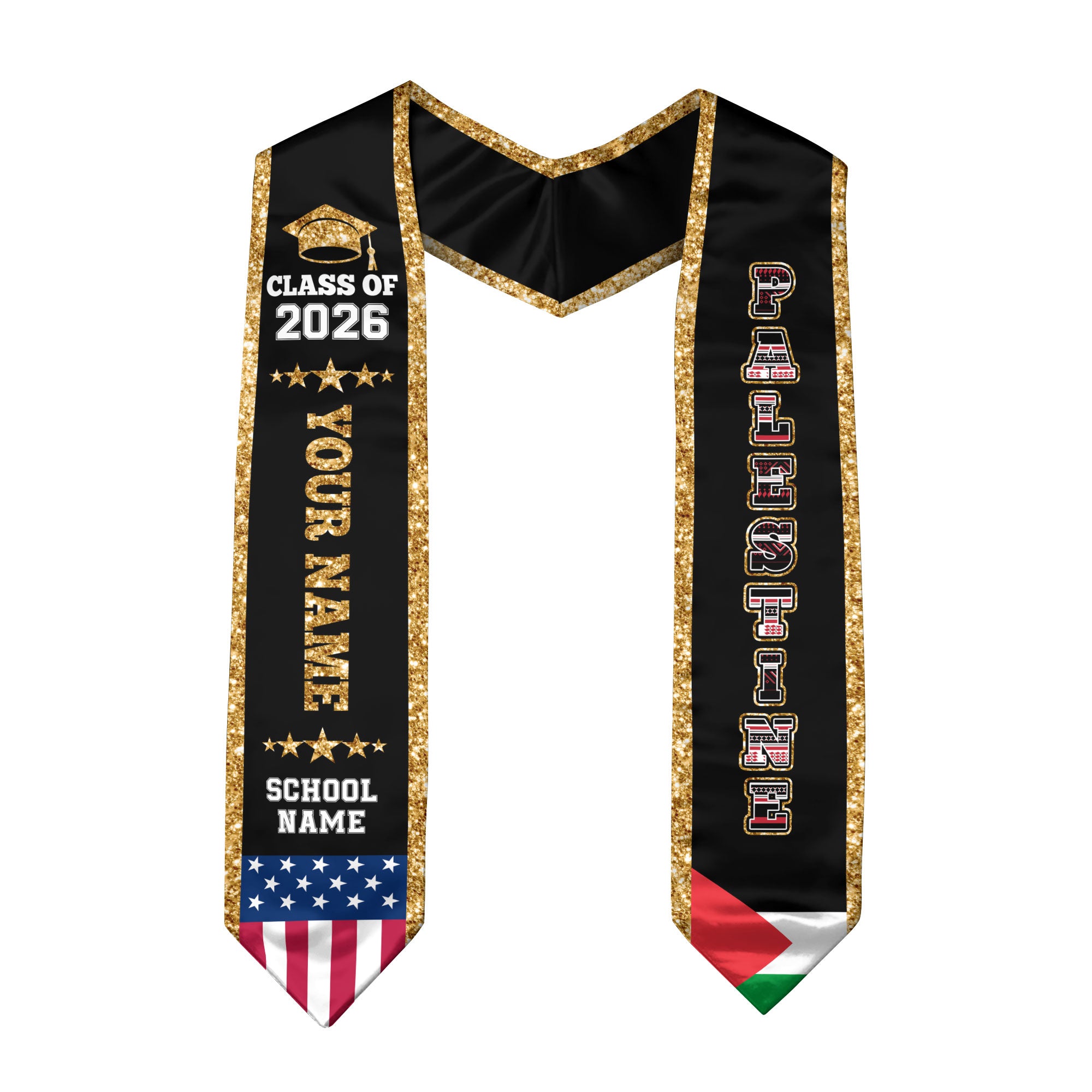Palestine Graduation Stole 2026, Palestine Flag Sash, Personal Detail Option for Graduates
