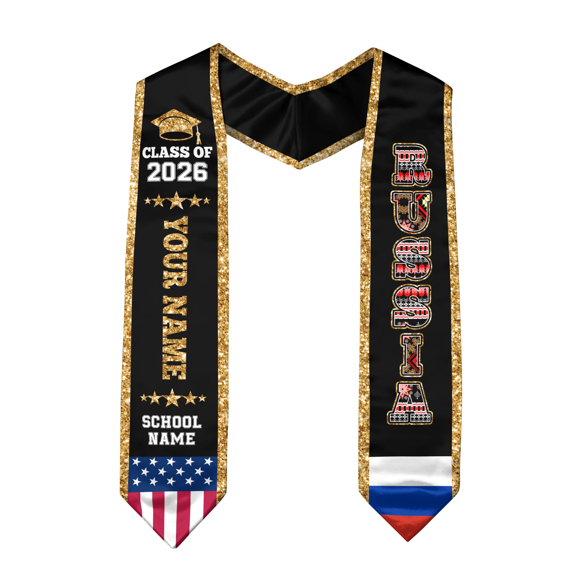 Russia Graduation Stole 2026, Russia Flag Sash, Personal Detail Option for Graduates