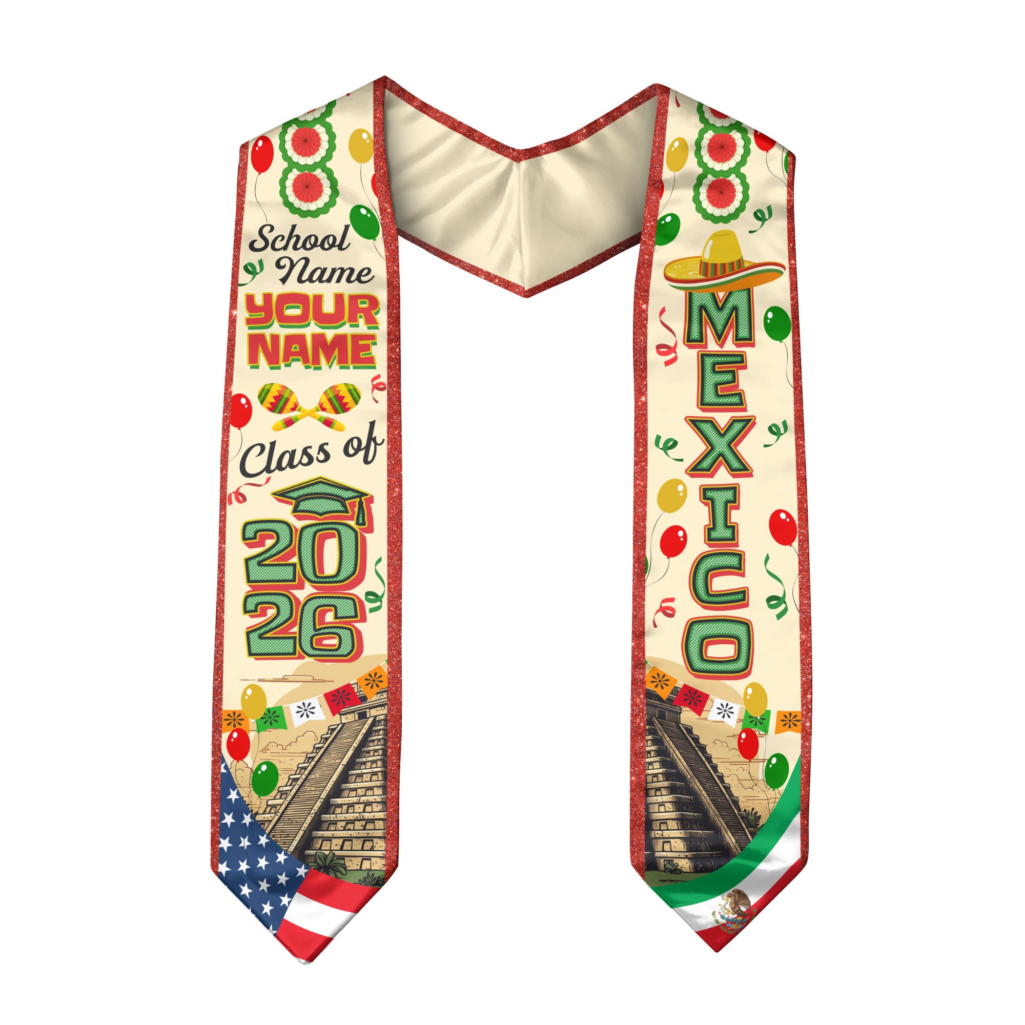 Mexican Graduation Sash 2026, Mexico Flag Stole, Name Detail Option for Ceremony Photos