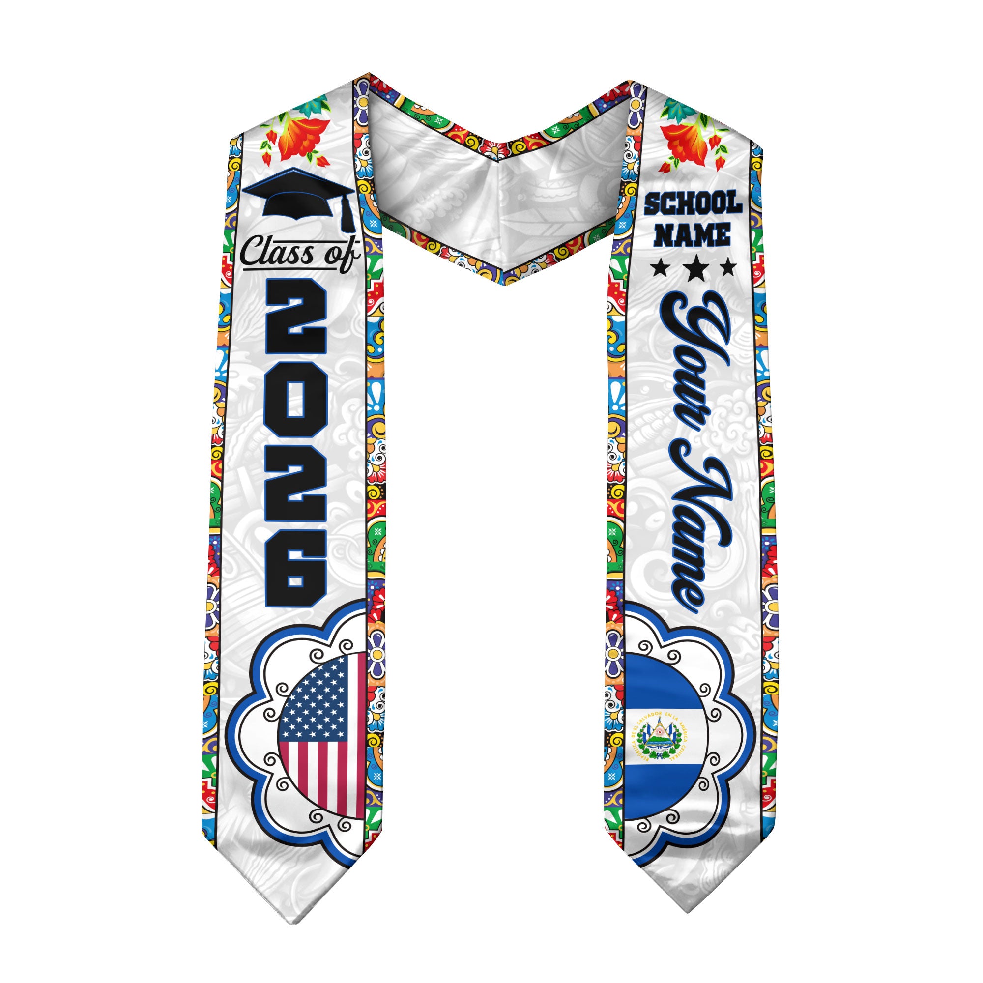 Customized El Salvador American Graduation Stole, El Salvador Flag Graduation Sash, Class of 2026