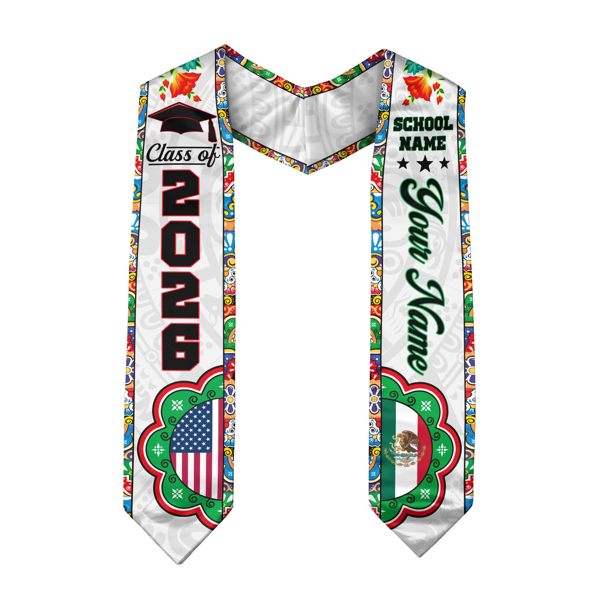 2026 Mexico Flag Graduation Stole, Mexican Sash for Grads, Optional Name Detail