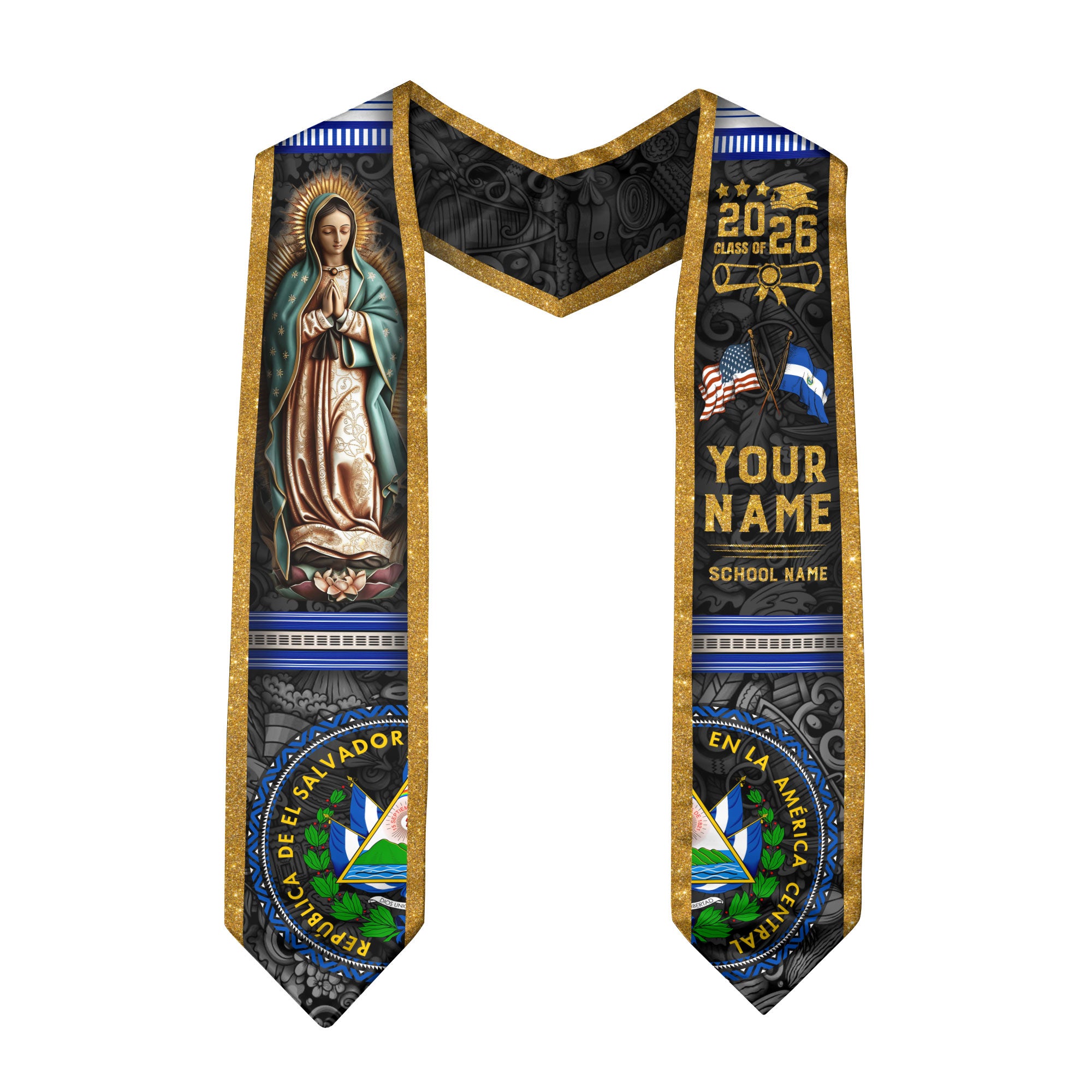 El Salvador Graduation Stole 2026, Salvadoran Flag Graduation Sash, Custom Grad Stole