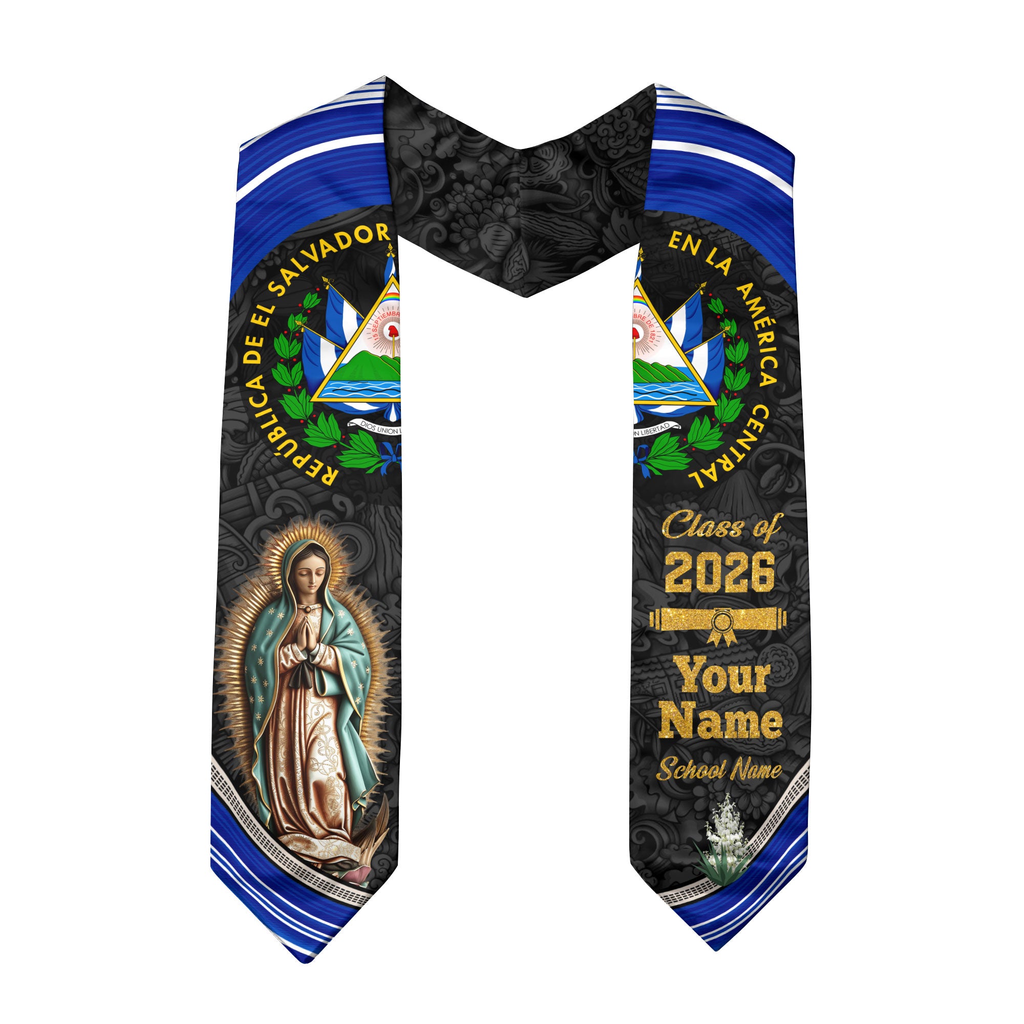 Salvadoran Flag Graduation Sash 2026, El Salvador Stole, Custom Graduation Stole