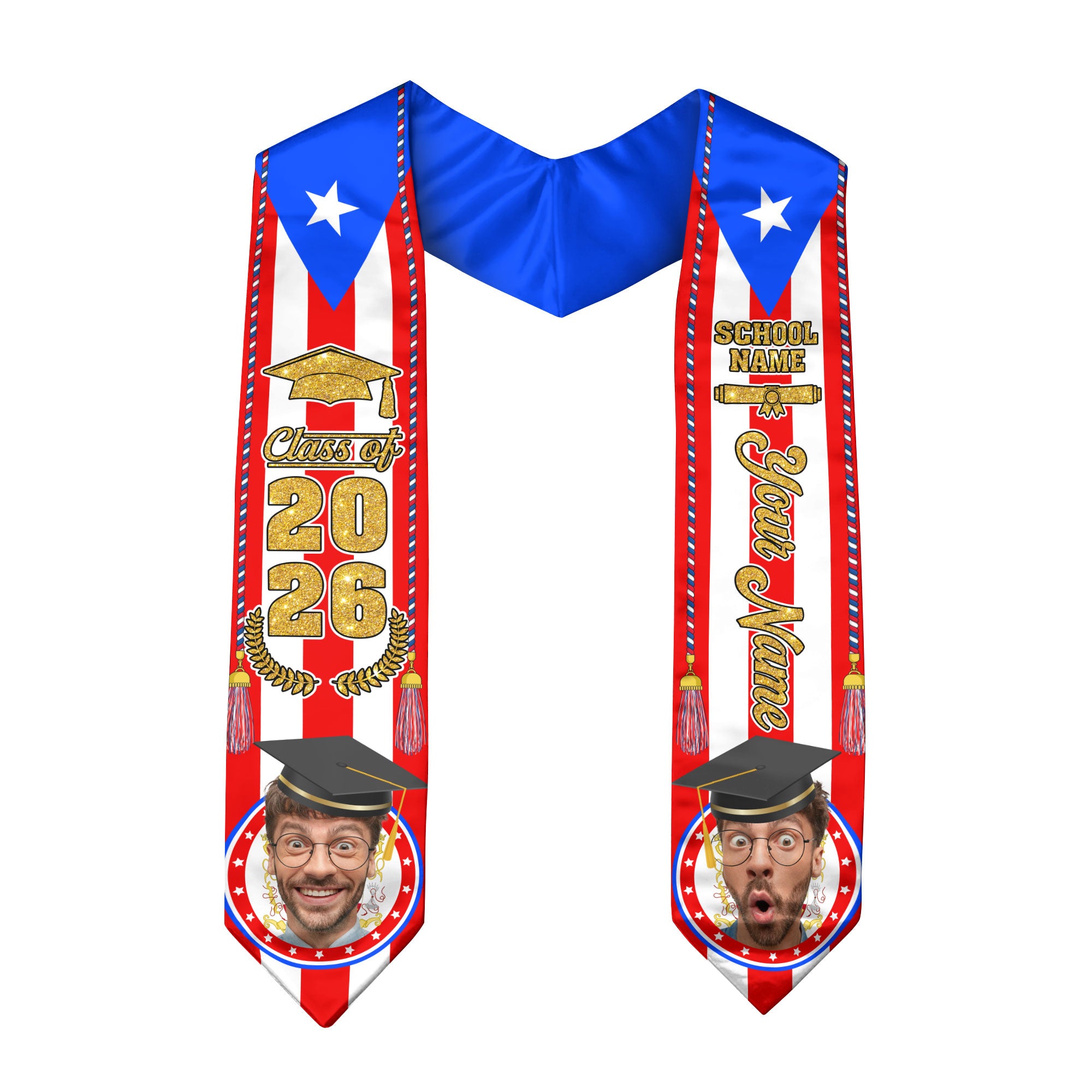 Puerto Rican Graduation Sash 2026, Puerto Rico Flag Stole, Name & Year Option for Grads
