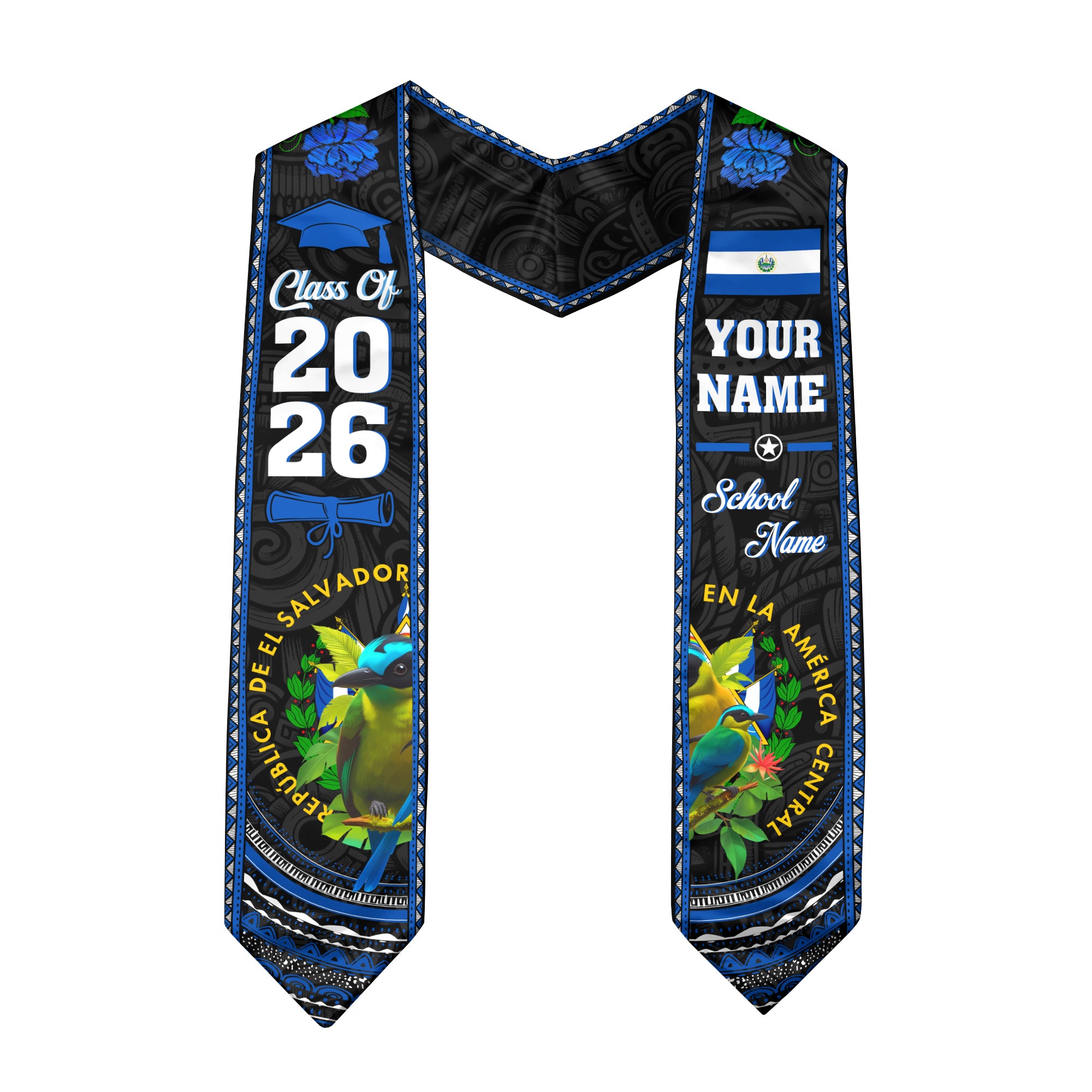 El Salvador Graduation Stole 2026, El Salvador Flag Sash, Personal Detail Option for Grads