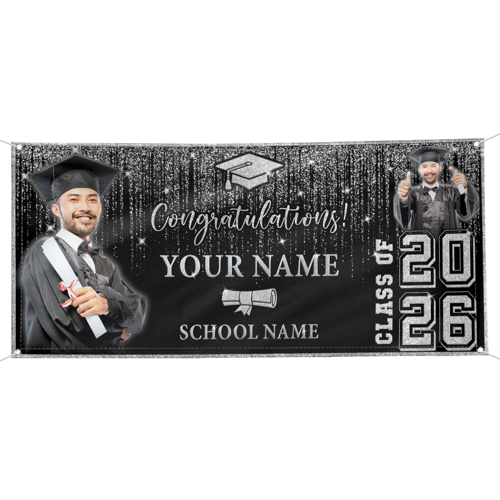Custom Graduation Banner 2026 Photo Glitter Silver Curtain Pattern Congrats Grad Backdrop Personalized