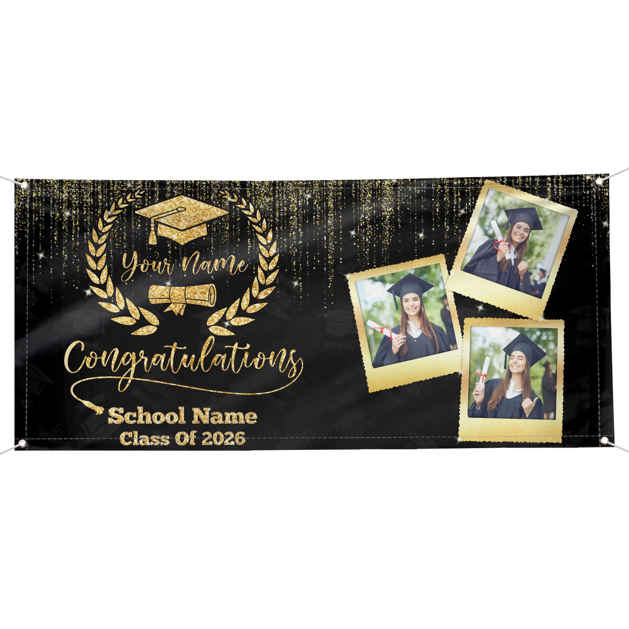 Custom Graduation Banner 2026 Photo Gold Glitter Laurel Pattern Congrats Grad Backdrop Personalized
