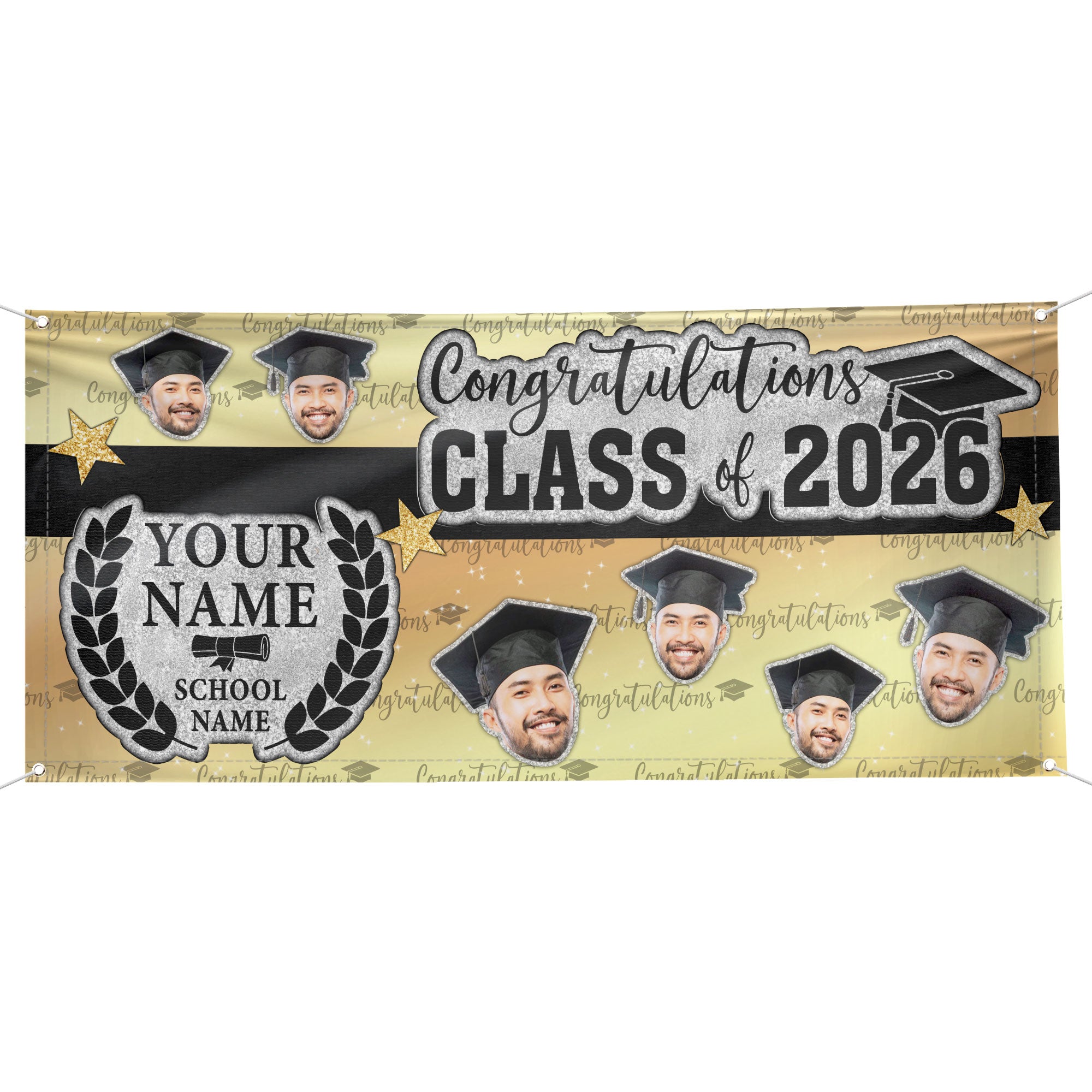 Custom Graduation Banner 2026 Photo Black Gold Glitter Pattern Congrats Grad Backdrop Personalized