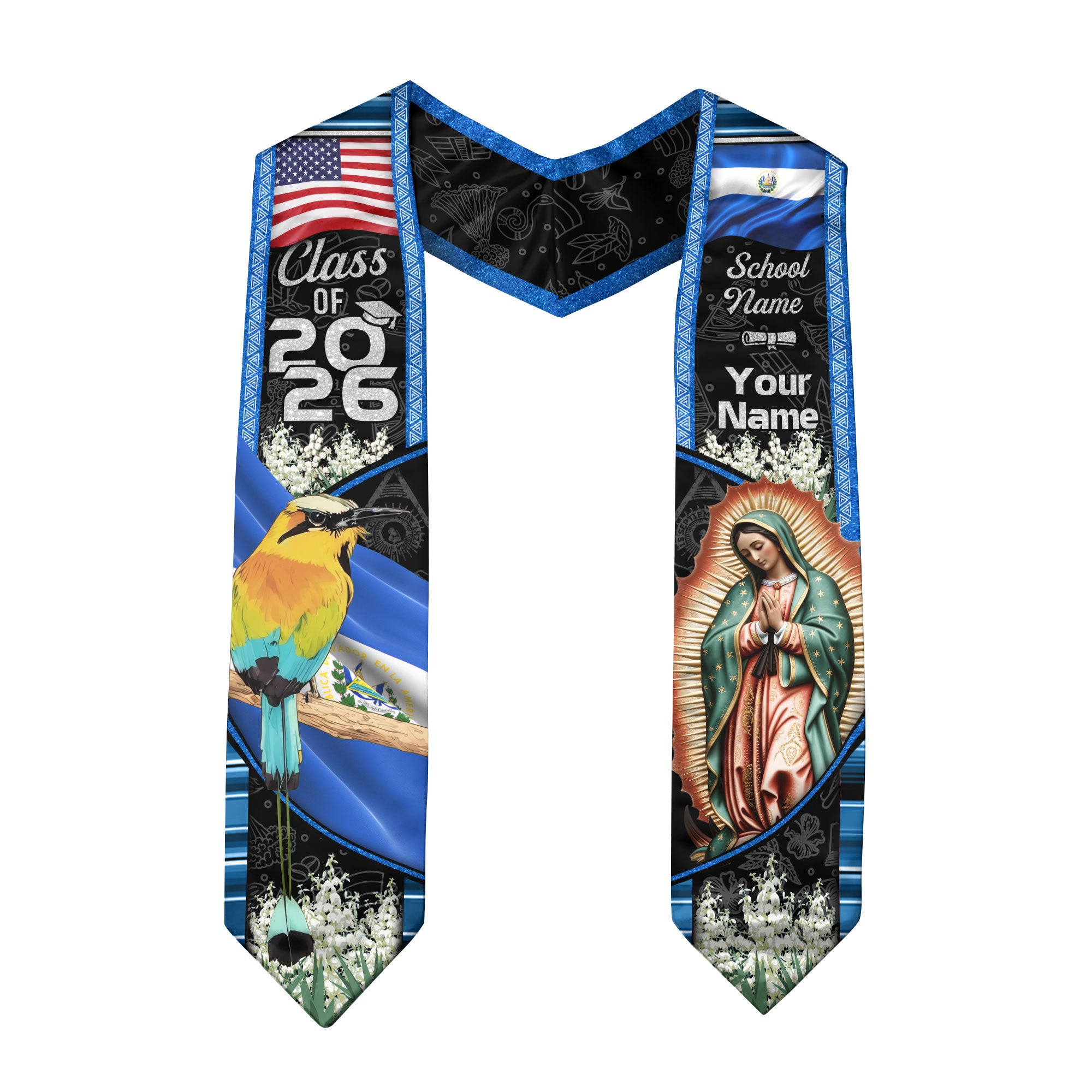El Salvador Graduation Sash 2026, Salvadoran Flag Graduation Stole, Custom Finish Grads