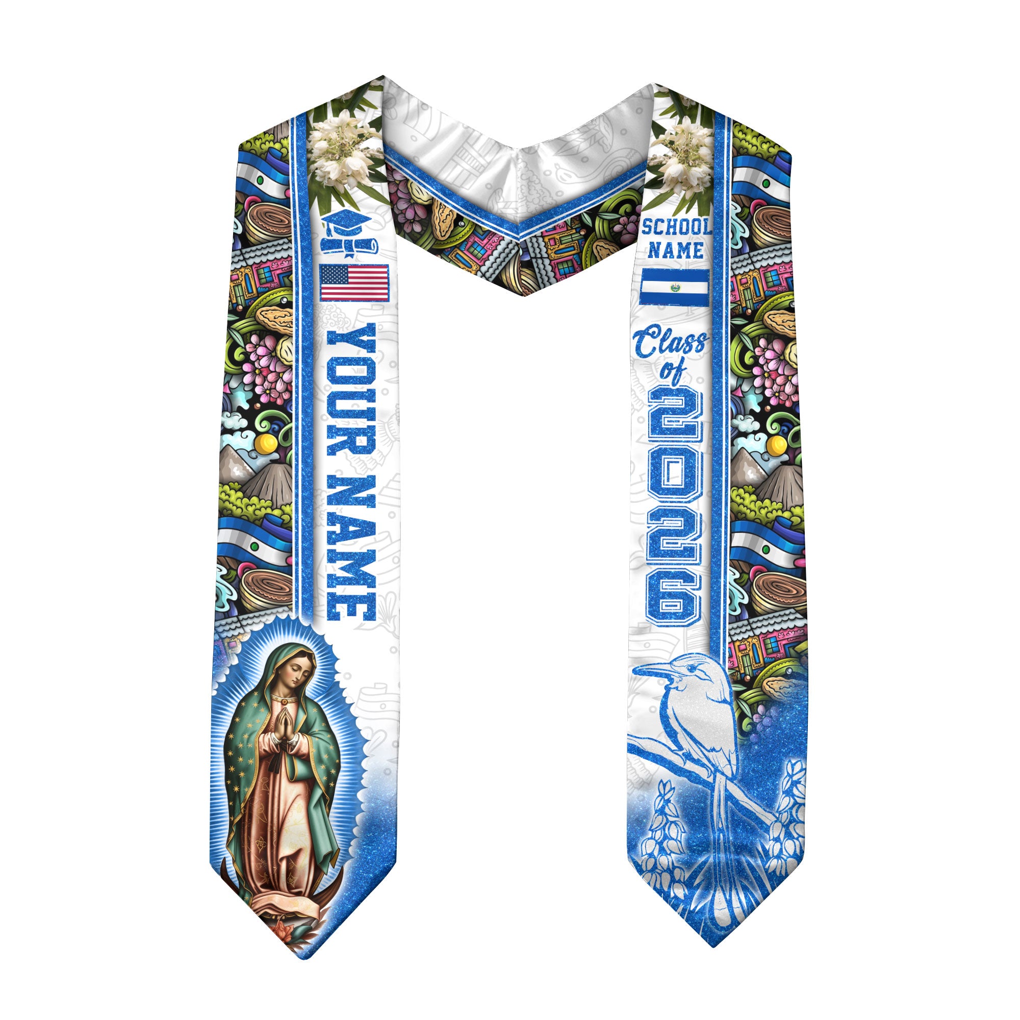 Salvadoran Flag Graduation Stole 2026, El Salvador Graduation Sash, Custom Trim for Grads