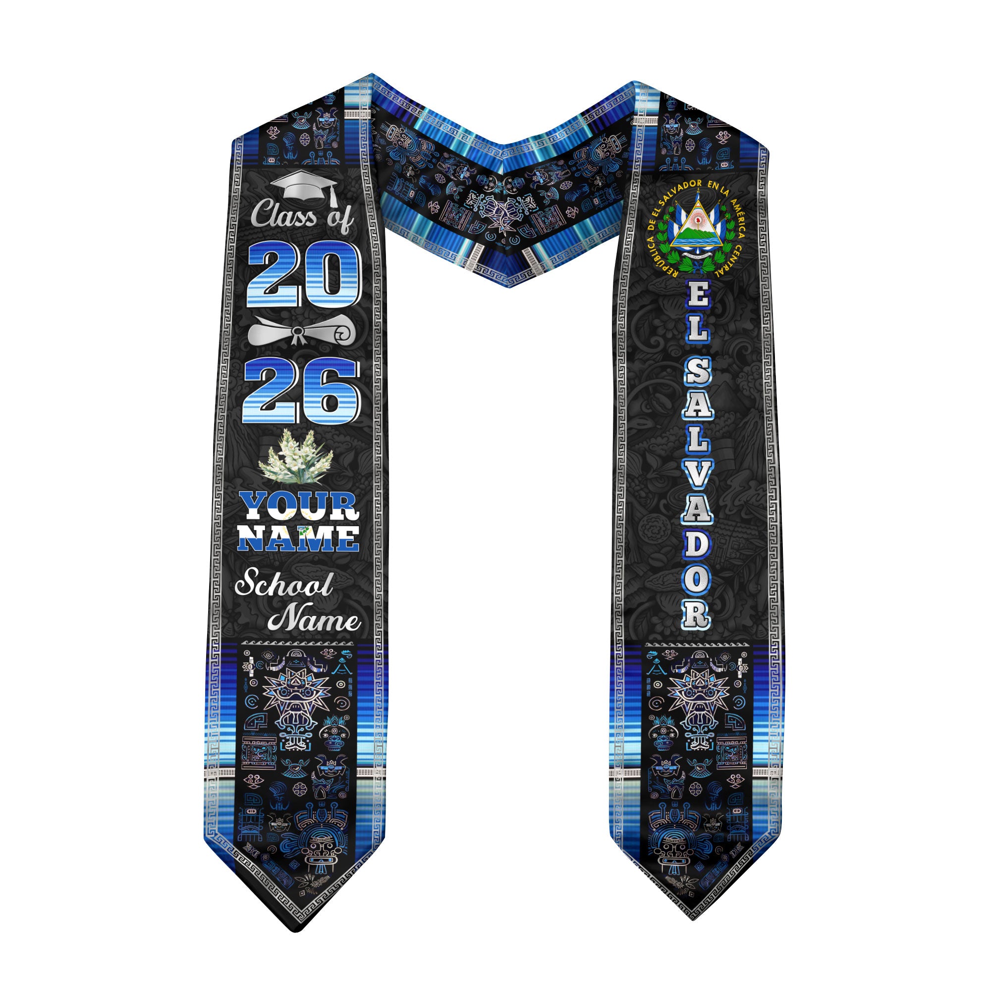 Salvadoran Flag Graduation Sash 2026, El Salvador Graduation Stole, Tailored Detail Grads