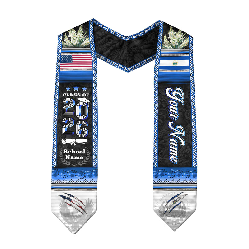 El Salvador Flag Graduation Stole 2026, Salvadoran Grad Sash, Signature Finish for 2026