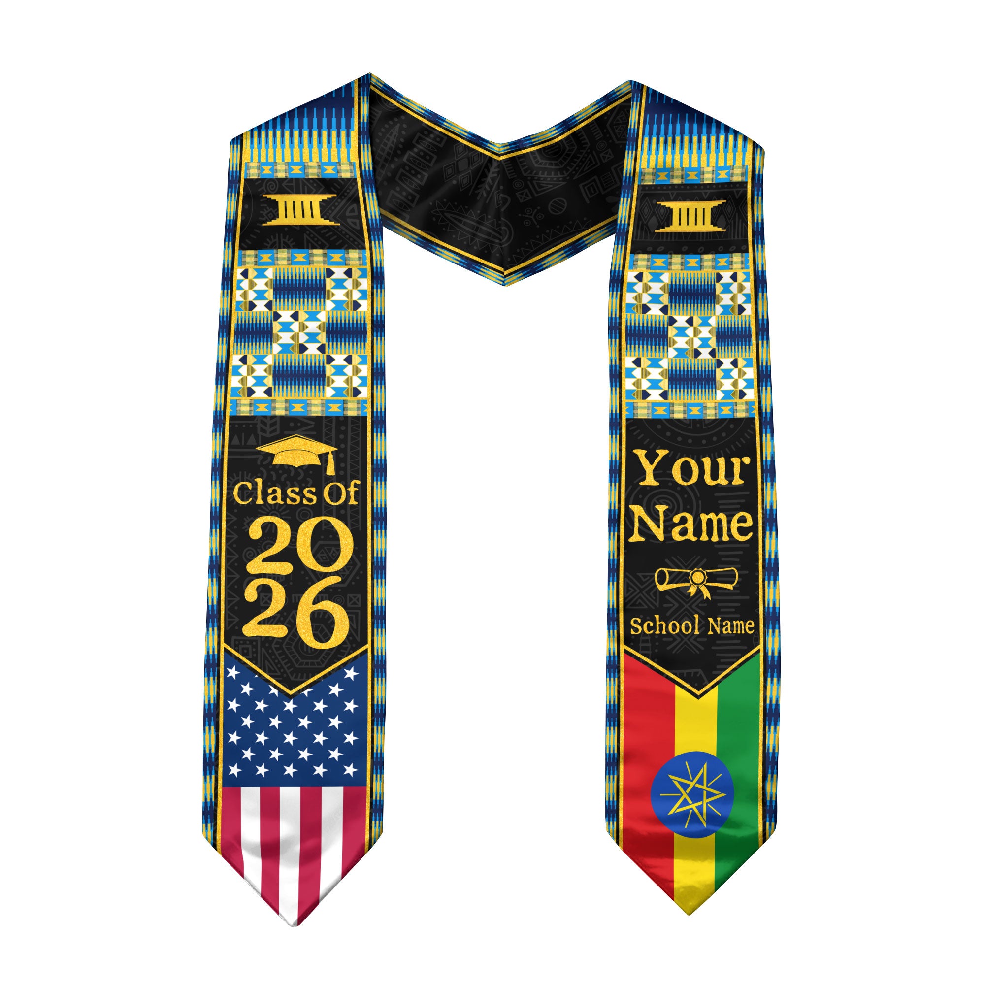 Customized Ethiopia Graduation Stole Featuring Ethiopian Flag Heritage Style, Graduation Sash Class of 2026