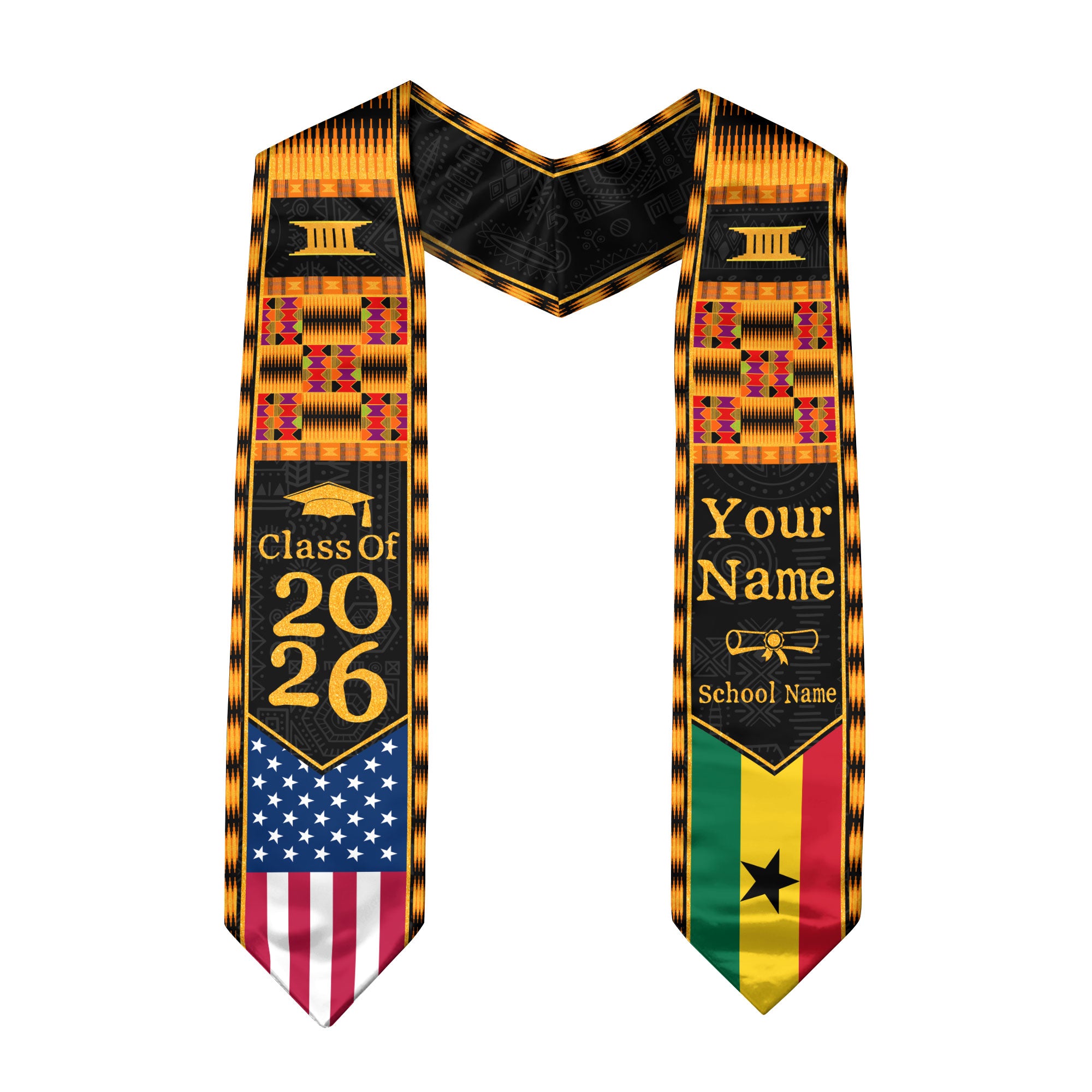 Customized Ghana Graduation Stole Showcasing Cultural Flag Pride Motif, Graduation Sash Class of 2026