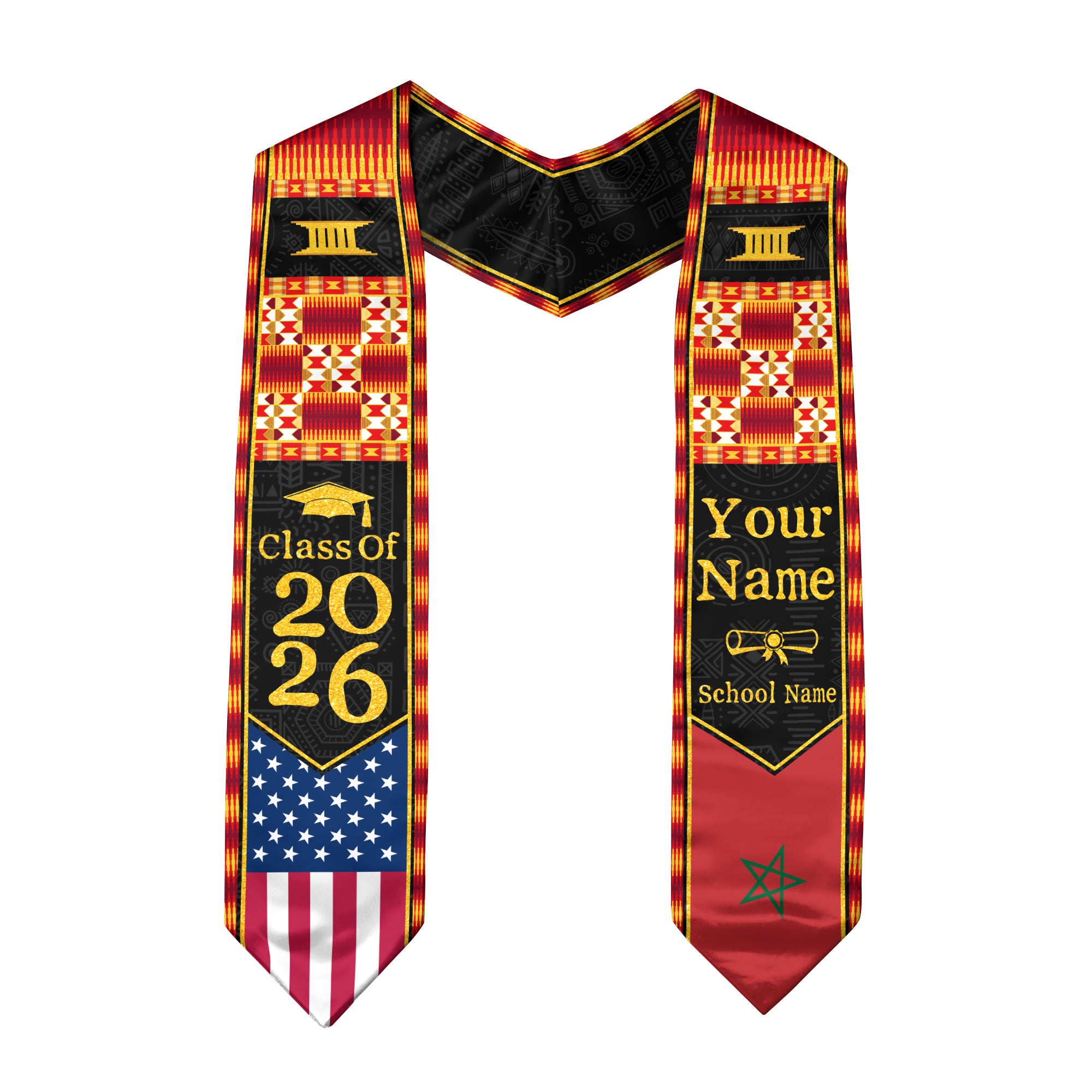 Customized Moroccan Graduation Stole Featuring Flag Pride Details, Graduation Sash Class of 2026