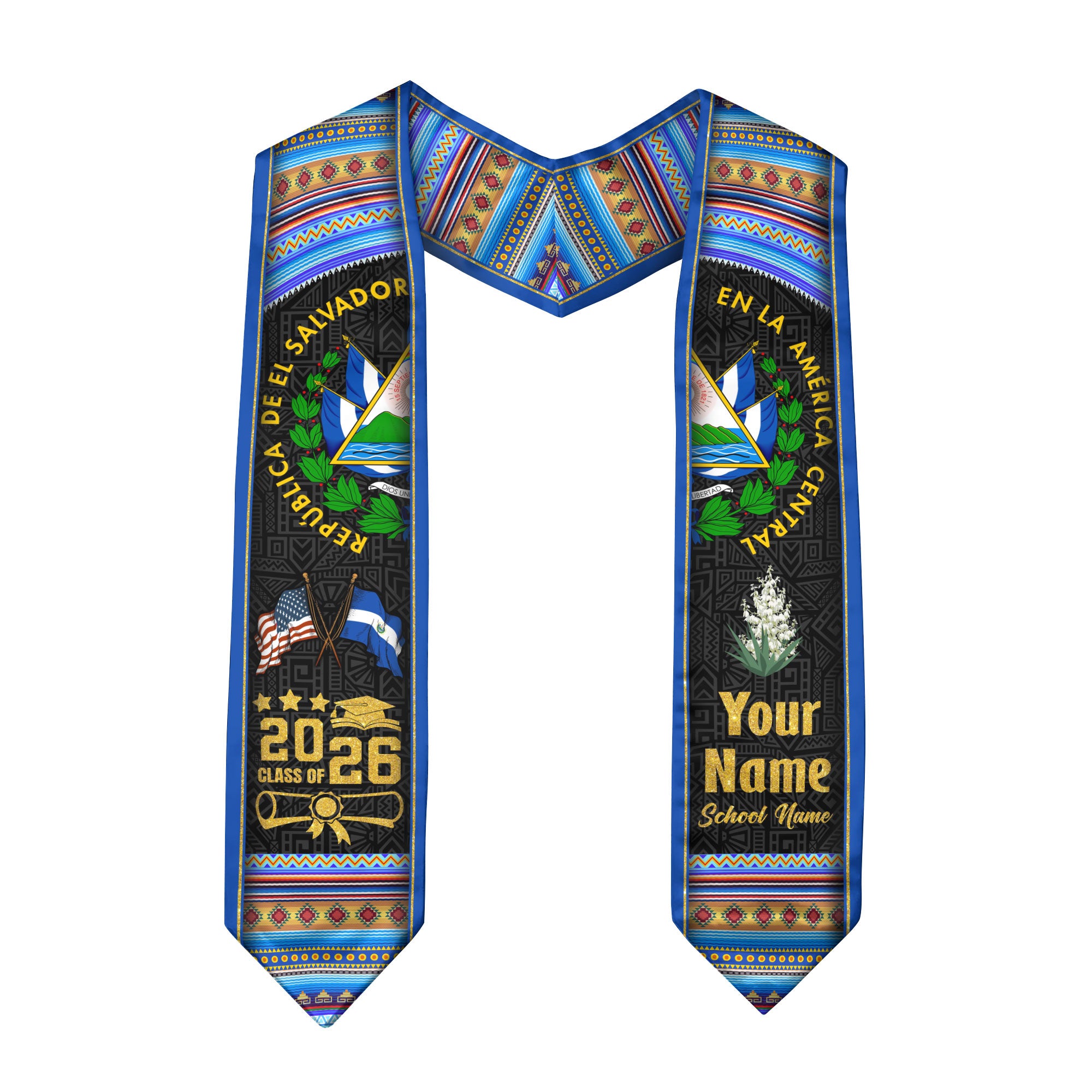 El Salvador Graduation Stole 2026, Salvadoran Flag Sash, Tailored Detail for Class of 2026