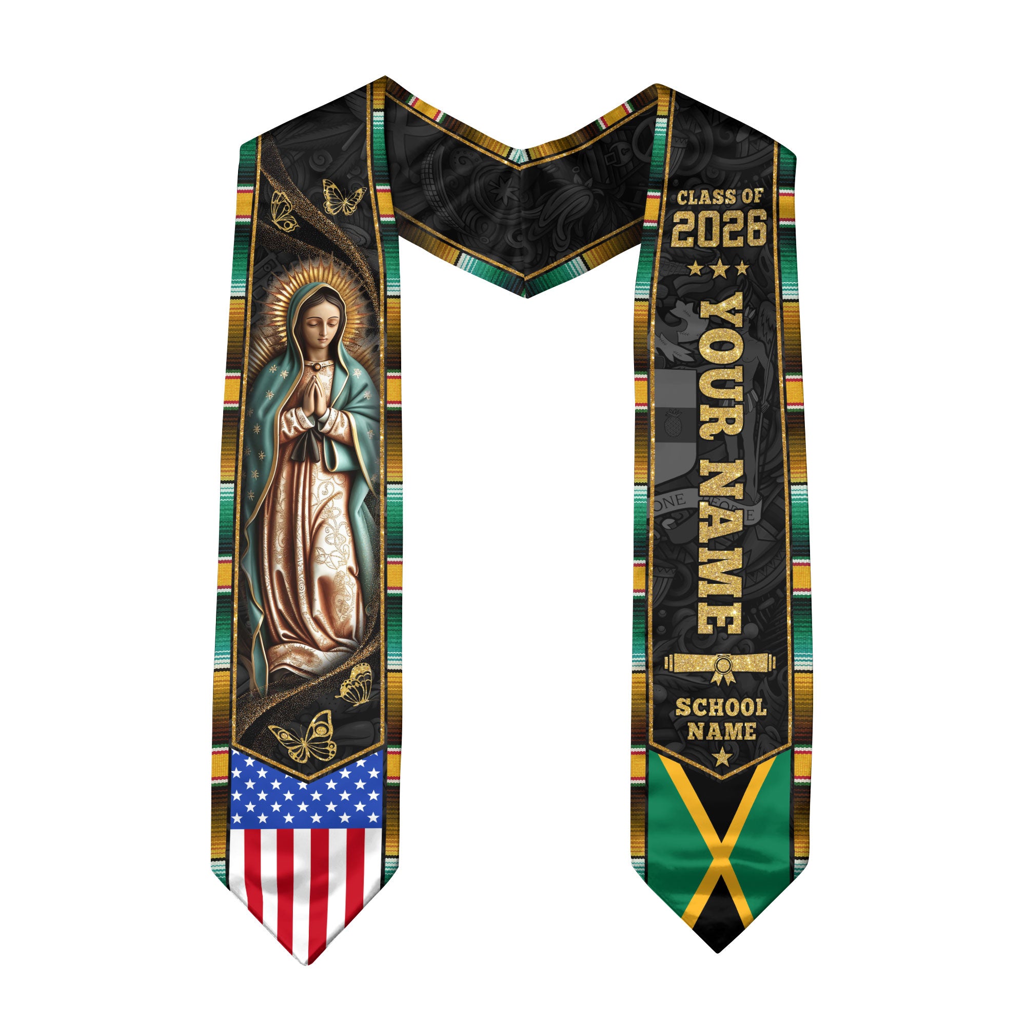 Jamaican Flag Graduation Sash 2026, Jamaica Graduation Stole, Custom Detail for Grads