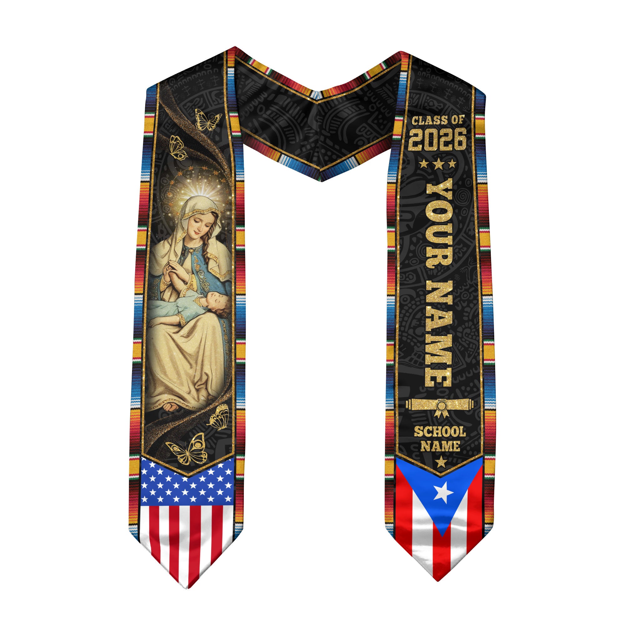 Puerto Rican Flag Graduation Sash 2026, Puerto Rico Graduation Stole, Bespoke Touch
