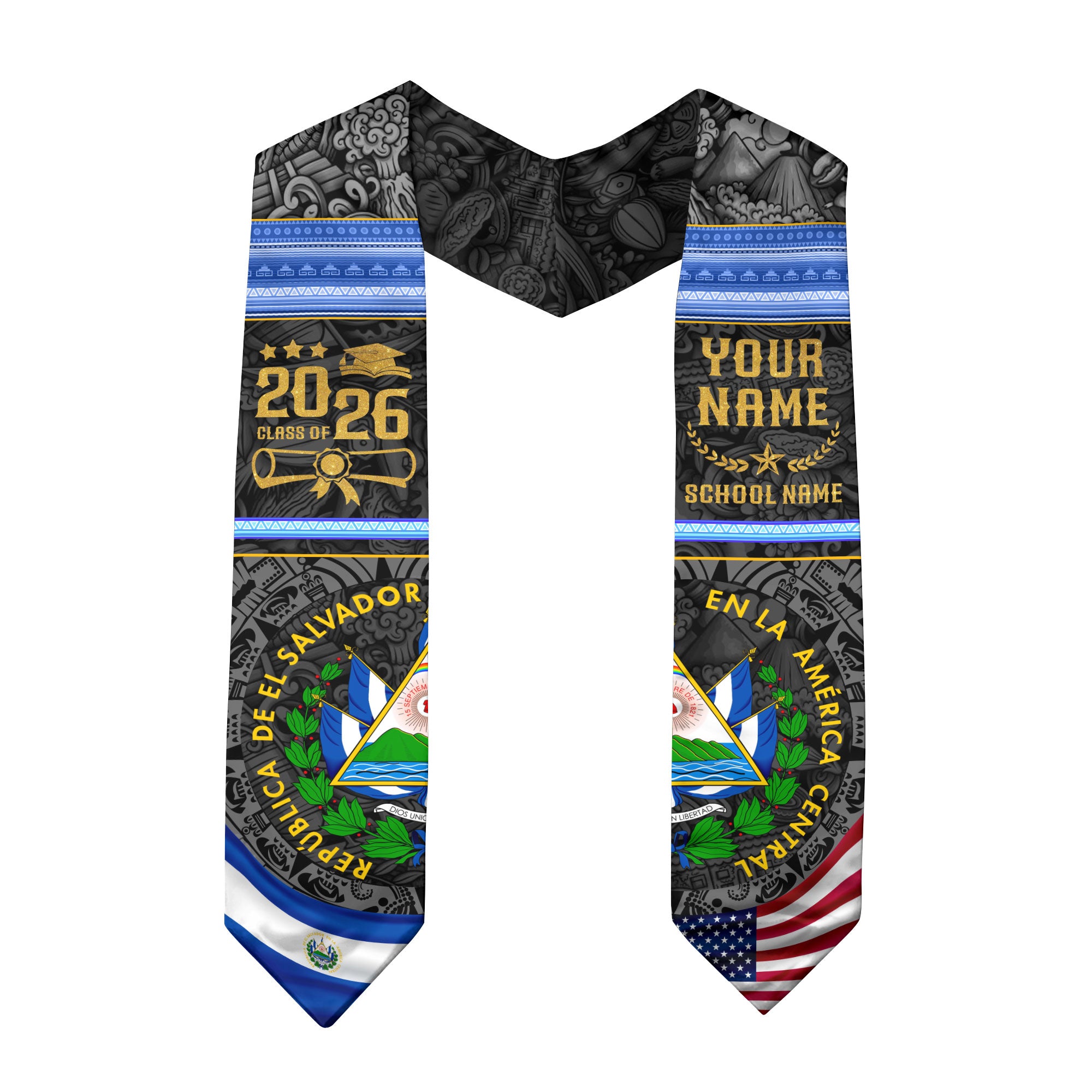 El Salvador Flag Graduation Stole 2026, Salvadoran Grad Sash, Signature Finish for 2026