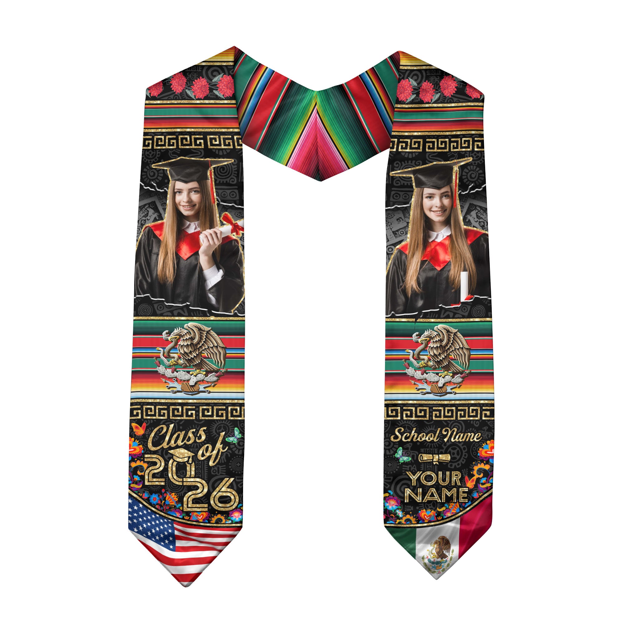Mexico Flag Graduation Sash 2026, Mexican Grad Stole, Custom Accent Detail for Grads