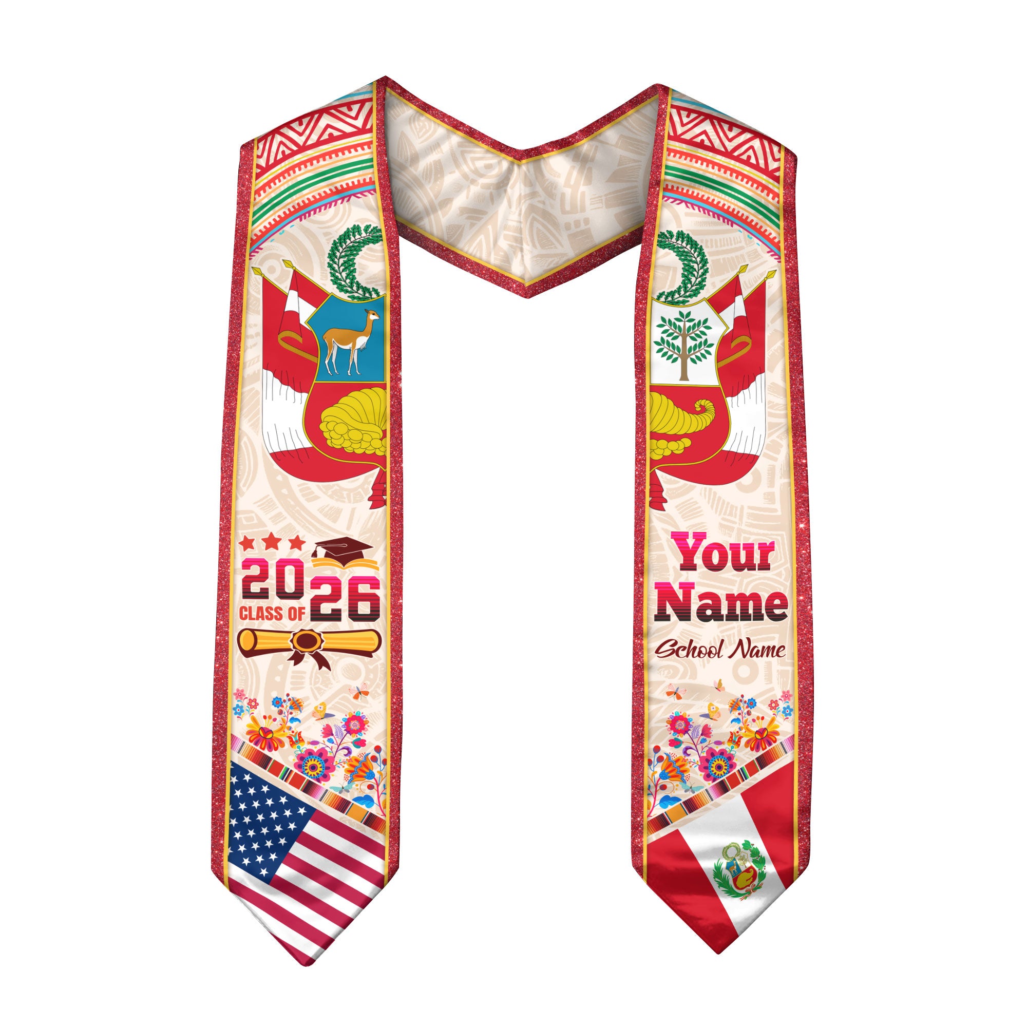 Peru Graduation Stole 2026, Peruvian Flag Sash, Tailored Detail for Class of 2026 Grads