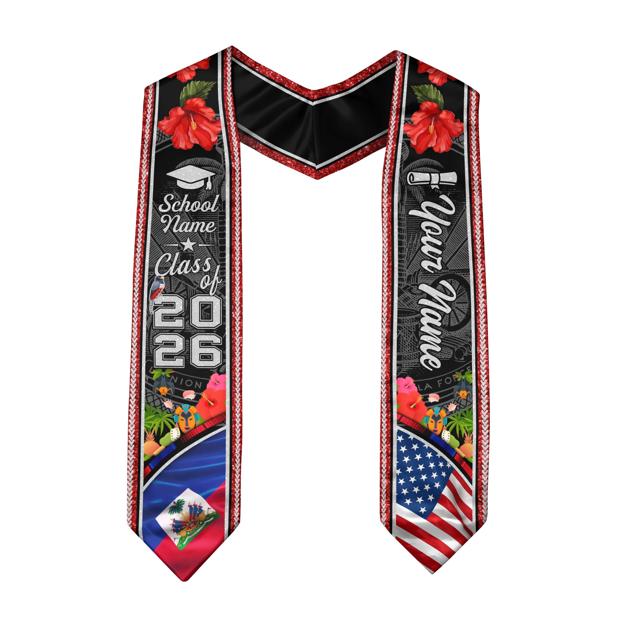 Haiti Flag Graduation Stole 2026, Haitian Grad Sash, Signature Detail for Class of 2026