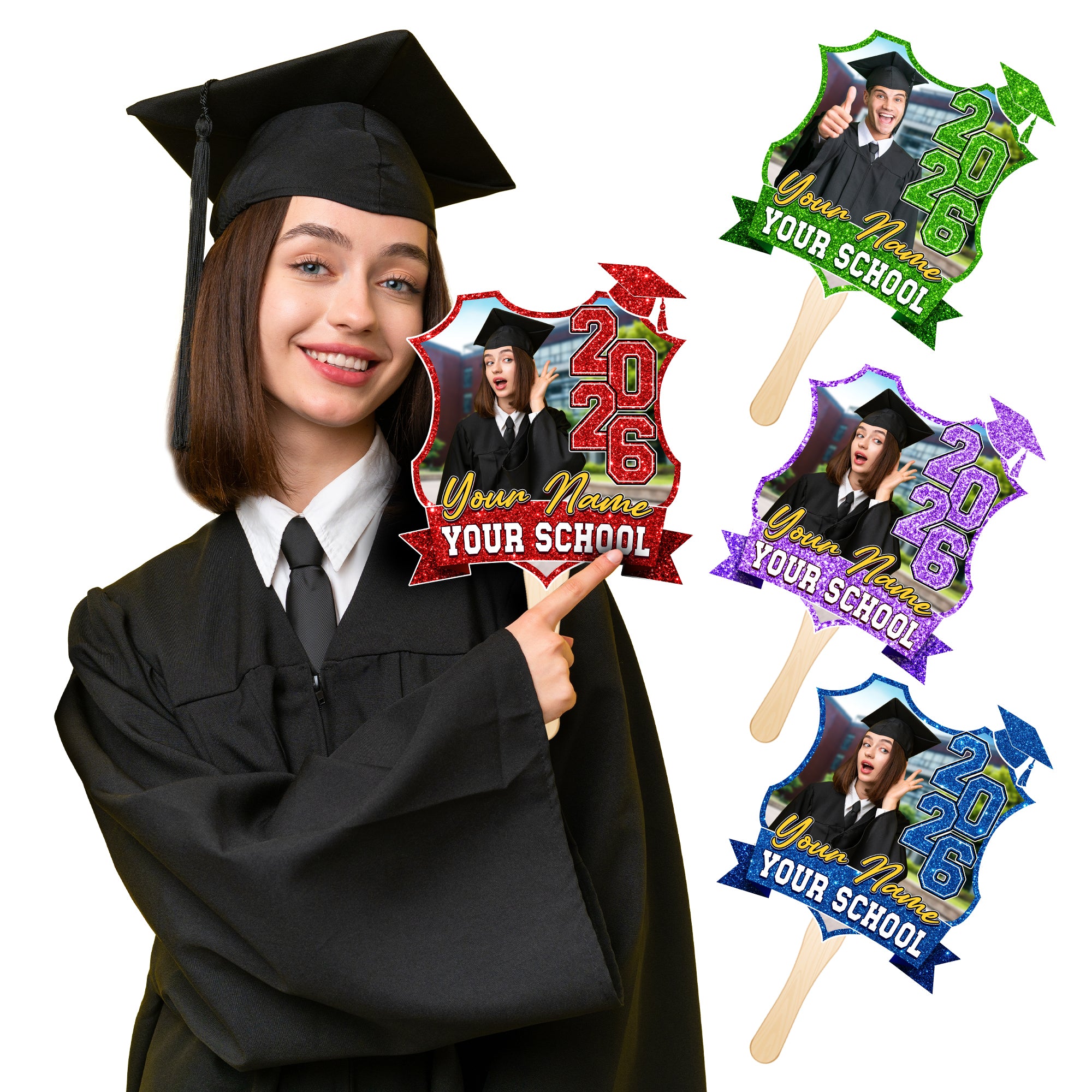 Custom Graduation Face Fan 2026 With Photo Glitter Floral Pattern Big Head On Stick Custom