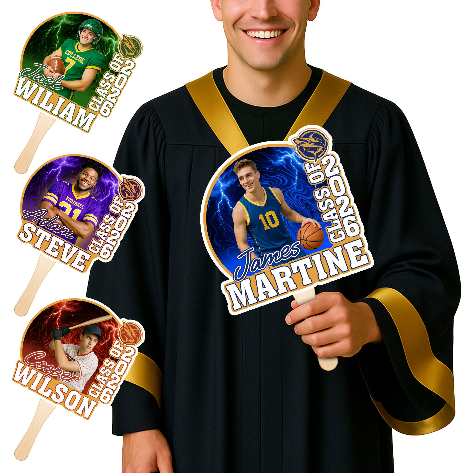 Custom Graduation Face Fan 2026 Photo Sport Swirl Big Head On Stick Personalized